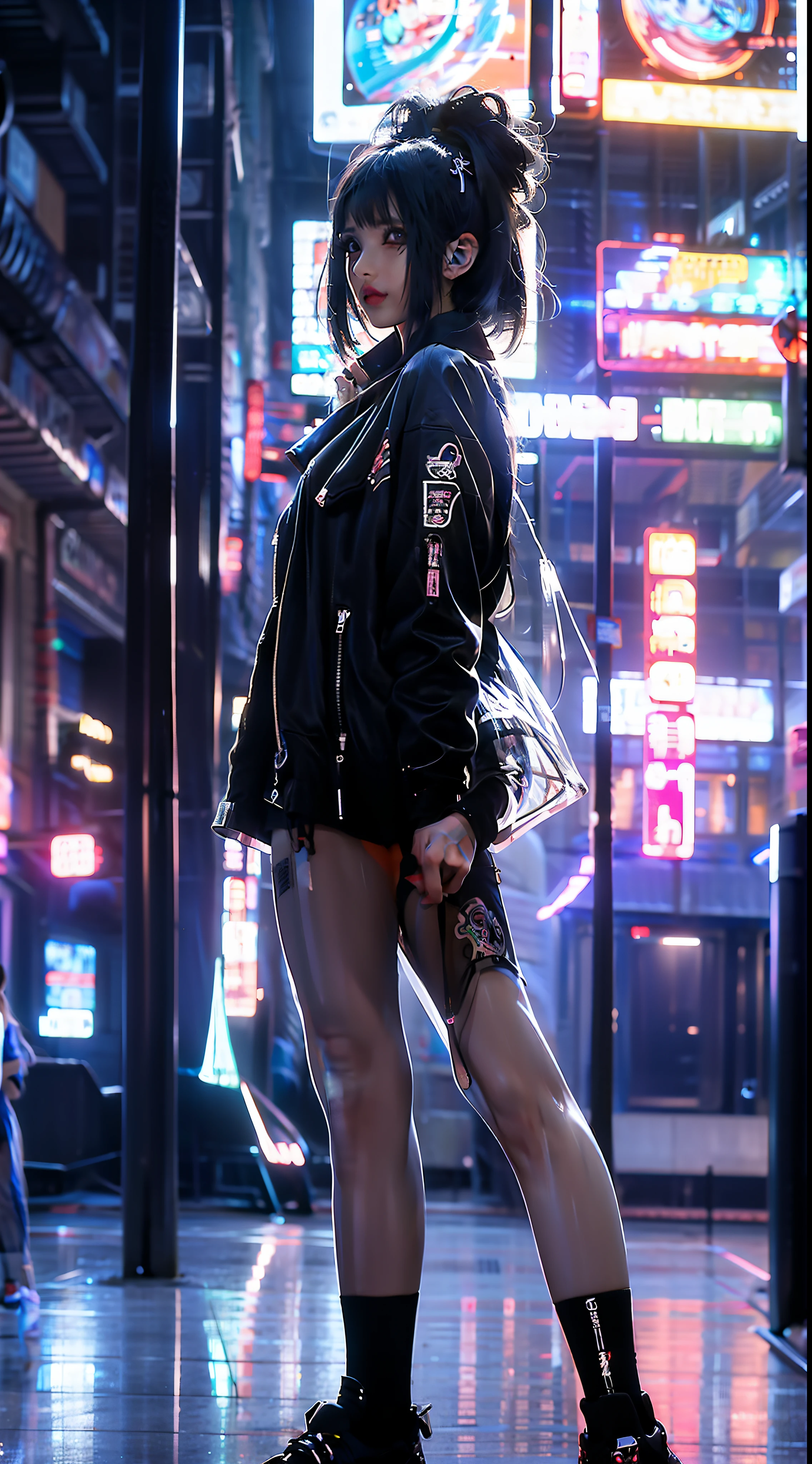 ((best images quality)), ((tmasterpiece)), ((meticuloso)), (Street fashion shooting), Girl wearing denim dress, Tamboo Punk City,Highlight the punk style, downtown landscape, Futuristic, Technology elements, holographic projections, with dynamism, A fusion of fashion and technology, (Digital illustration:1.2), (真实感:1.1), (High- sharpness:1.1)