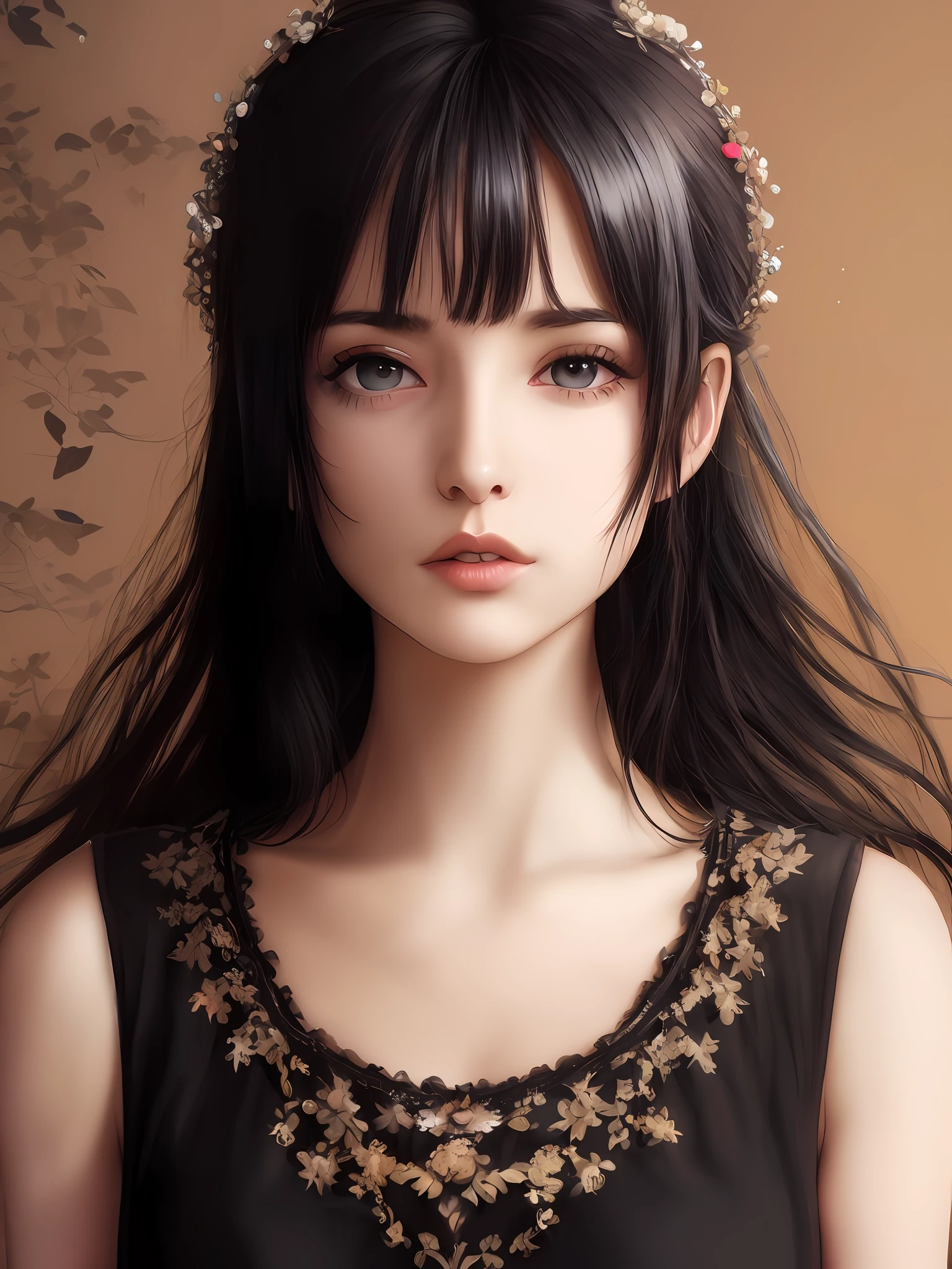 Anime touch style、Beautuful Women、a closeup、portlate、Beautiful, moisturized black eyes、Beautiful black hair without hair ornaments, hight resolution,　top-quality, ​masterpiece, 8k wallpaper、 One Person、