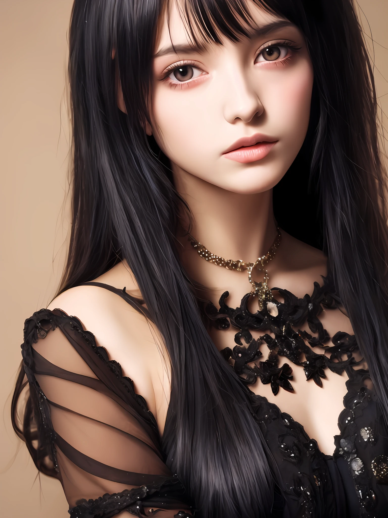 Anime touch style、Beautuful Women、a closeup、portlate、Beautiful, moisturized black eyes、Beautiful black hair without hair ornaments, hight resolution, top-quality, masterpiece, 8k wallpaper、 One Person、