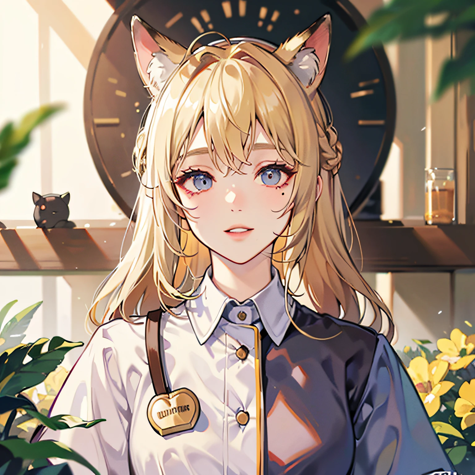 blonde hair, nurse cap, mole under eye, fake animal ears, happy, depth of field, stereogram, high detail, UHD, highres --auto