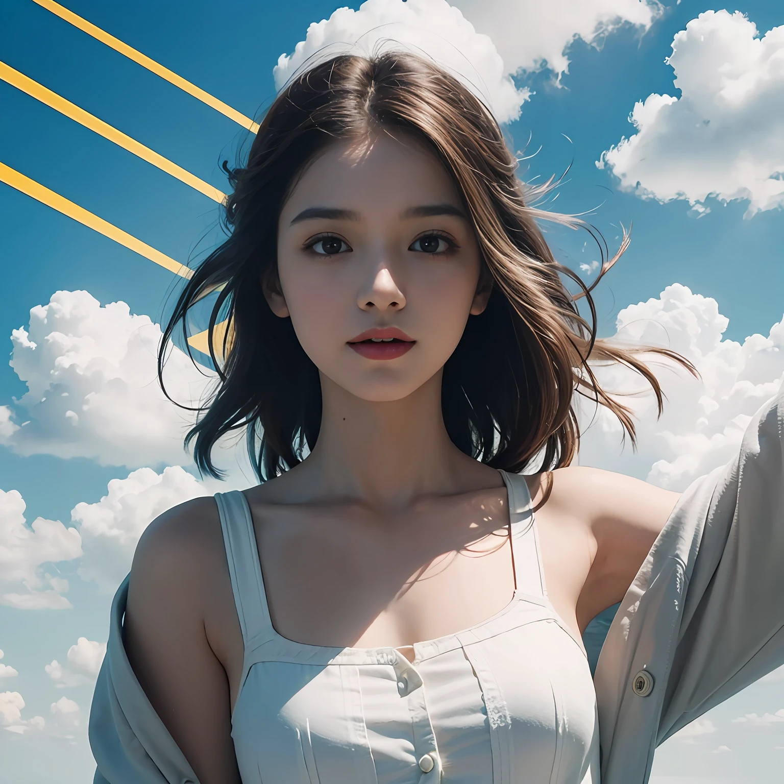 masterpiece, best quality, movie still, 1girl, floating in the sky, cloud girl, cloud, (close-up:1.1), bright, happy, fun, soft lighting, (Bauhaus, shapes, lines, abstract:1.1)