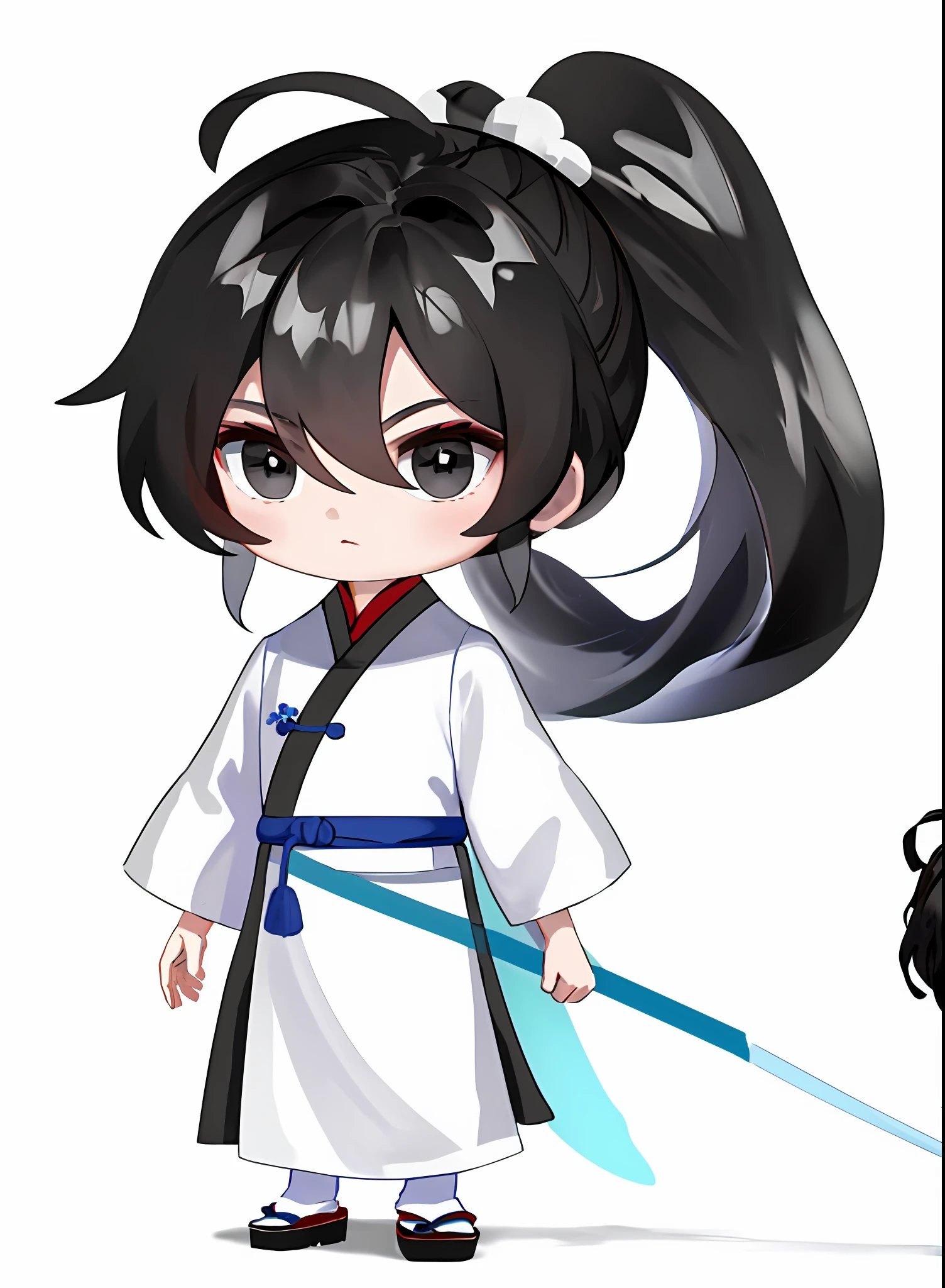 Masterpiece, Superb (1 boy: 1.6), (Chibi: 1.6), standing, sideways, (ancient Chinese clothes: 1.2), long black hair, ponytail, black eyes, (white background: 1.6), simple background