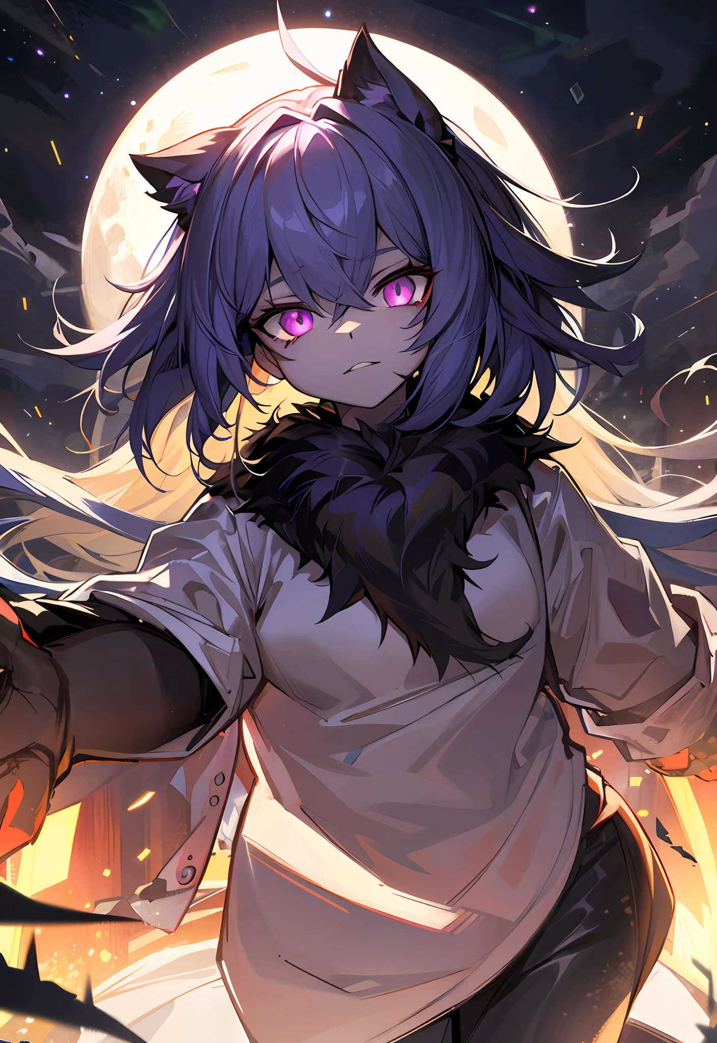 1girl,Anime orc girl with purple eyes before full moon, Badass anime 8 K, anime moe art style, Orc anime girl, portrait gapmoe yandere grimdark, From Arknights, style of anime4 K, zerochan art, gapmoe yandere grimdark