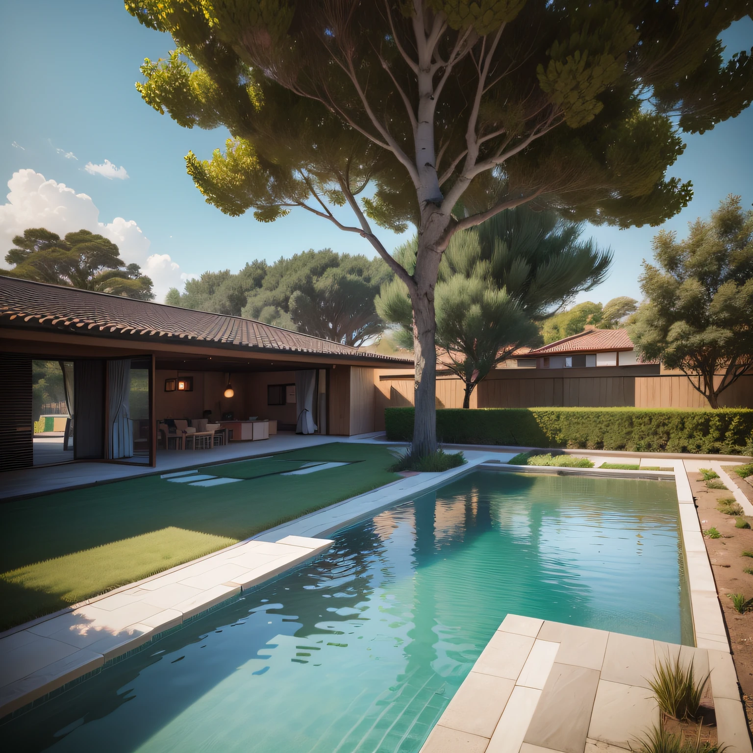 Organic modern architecture of a country house, casa campestre com cavalos, Ground Floor Architecture, muito terreno a volta da casa, em um terreno sem muros e cercas, Terreno bastante grande, terreno com cavalos, paisagem liver, pradaria com arvores , There is a swimming pool in the middle of a large one-story house, cor da casa em vigas marrom chocolate e preto, large modern residence, telhados planos e jardim, render luxcore, renderizar oktane, a photorealistic rendering, architectural render, mantra rendering, architectural render, realism rendering, architectural visualisation, piscina de bem-estar, architectural visualisation, Large green areas, com pequenas zonas de flores de lavanda, arbustos verdes tipo exuberante jardim verde, as well as small water mirrors, swimming pool embedded in an area of sand, oliveiras e pinheiros ao redor da casa, quadra de padel ao lado da casa, a photorealistic rendering, renderizado em v-ray, Archviz, renderizado em vray, renderizado em povray, hyperrealistic rendering, hyper - realistic render, photorealistic render, Renderizado no Lumion Pro, detailed archviz render, natural realistic render, lumion rendering