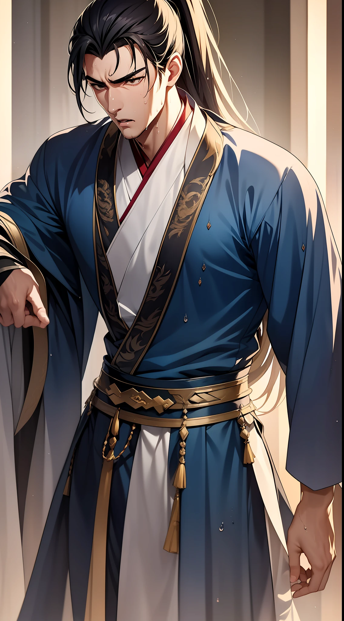 Two-dimensional, anime style, man (male warrior), muscle, correct proportions, face details, martial arts, high ponytail hairstyle, sweating, sweaty face, drooling, neck details, with Adam's apple, wet, wet, Hanfu costume, long robe, embroidered robe, dragon robe, clothing details, collar, long sleeves, game quality, swordsman demeanor, light and shadow tracing, ray tracing, detail glow, CG rendering, hair details, long black hair, golden eyes, sweaty face, handsome, handsome, sweat beads slipping down the neck, (juvenile feeling), complex clothing, wet, wet, perfect composition, refinement, high quality, more details, a lot of details, complex background, atmosphere,