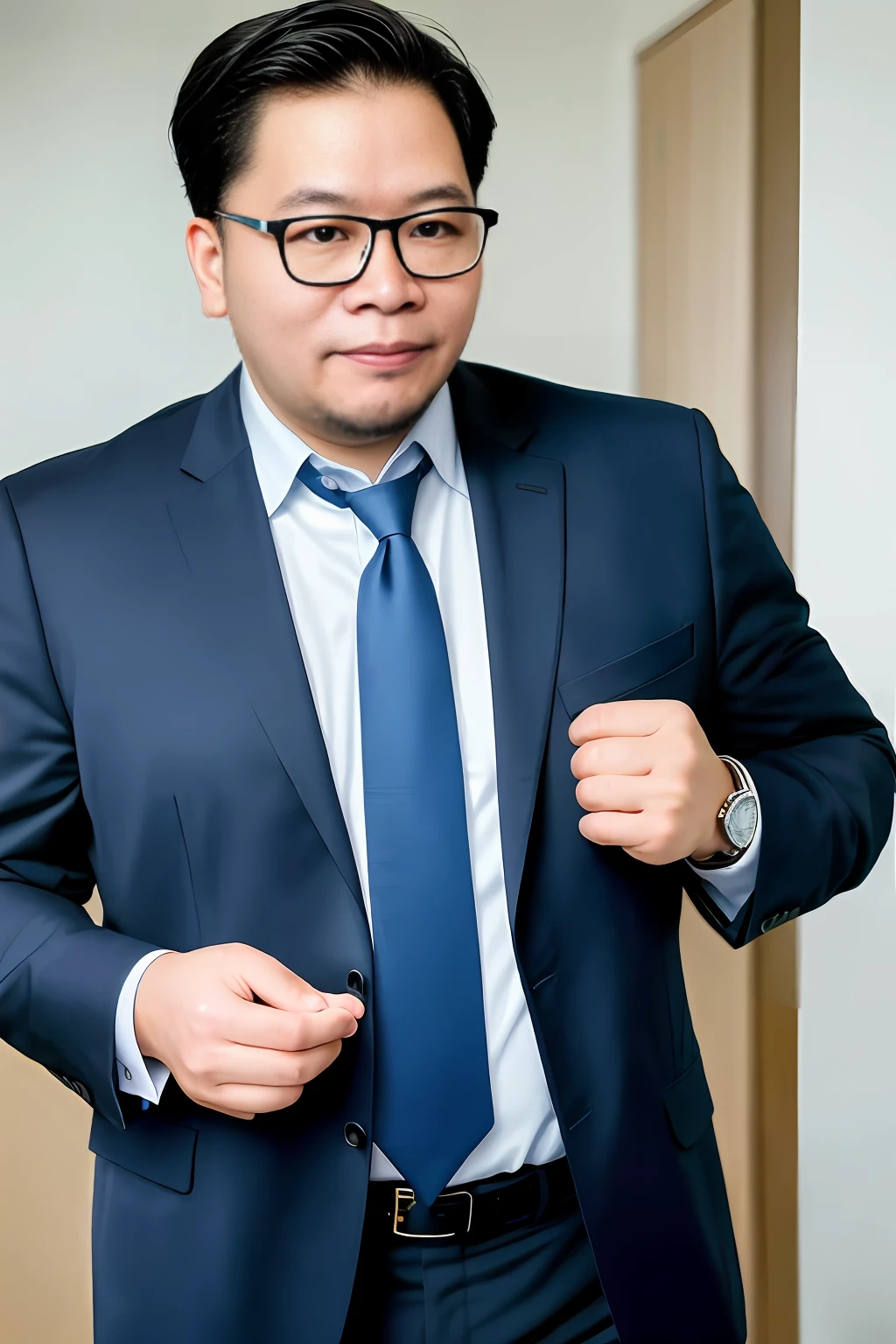 1人,A 40-year-old man,Wear a suit and tie,(Wear glasses :1.3),full bodyesbian,gentlesoftlighting,tmasterpiece,best qualtiy,8K UHD,digital SLR camera,filmgrain