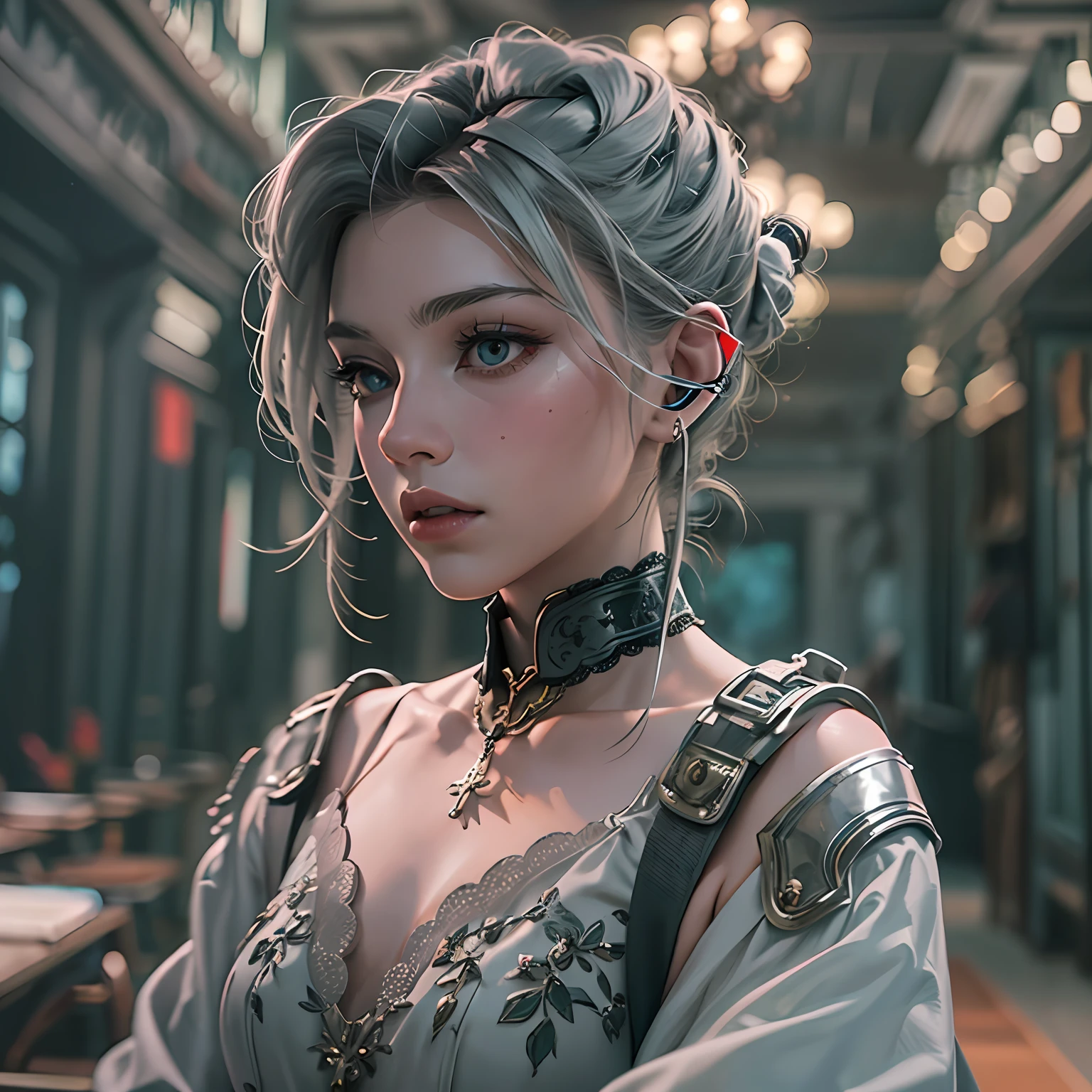 8k masterpiece, wallpaper, full height body potrait of a photorealistic beautiful short silver hairstyle with pigtails and buns seductress priest-knight, wearing beautiful detailed sci-fi headphones ,beautiful, very detailed beautiful face, intricate tattoes, holding a katana in two hands, model hair, in a beautiful very detailed magic room with flying bright glowing trails of energy, choker style colar, detailed face, upper body, lower body, wearing Linen-latex blend Slate gray victorian collar ornate lace , beautiful eyes, lo-fi, future, Perfectly Centred, Hyper Realistic Cover Photo, High Definition, Cinematic, Smooth, Ultra High Definition, Ultra Sharp Focus, Intricate Artwork, Masterpiece, Epic, Stunning Realistic Photograph, Intricately Detailed, Cinematic, small top, ((1 katana)), 1 katana, megapixel cinematic lighting, anti-aliasing, fkaa, txaa, rtx, ssao, post processing, post-production, tone mapping, cgi, vfx, sfx, full color, volumetric lighting, hdr, realistic, 8k, visible legs