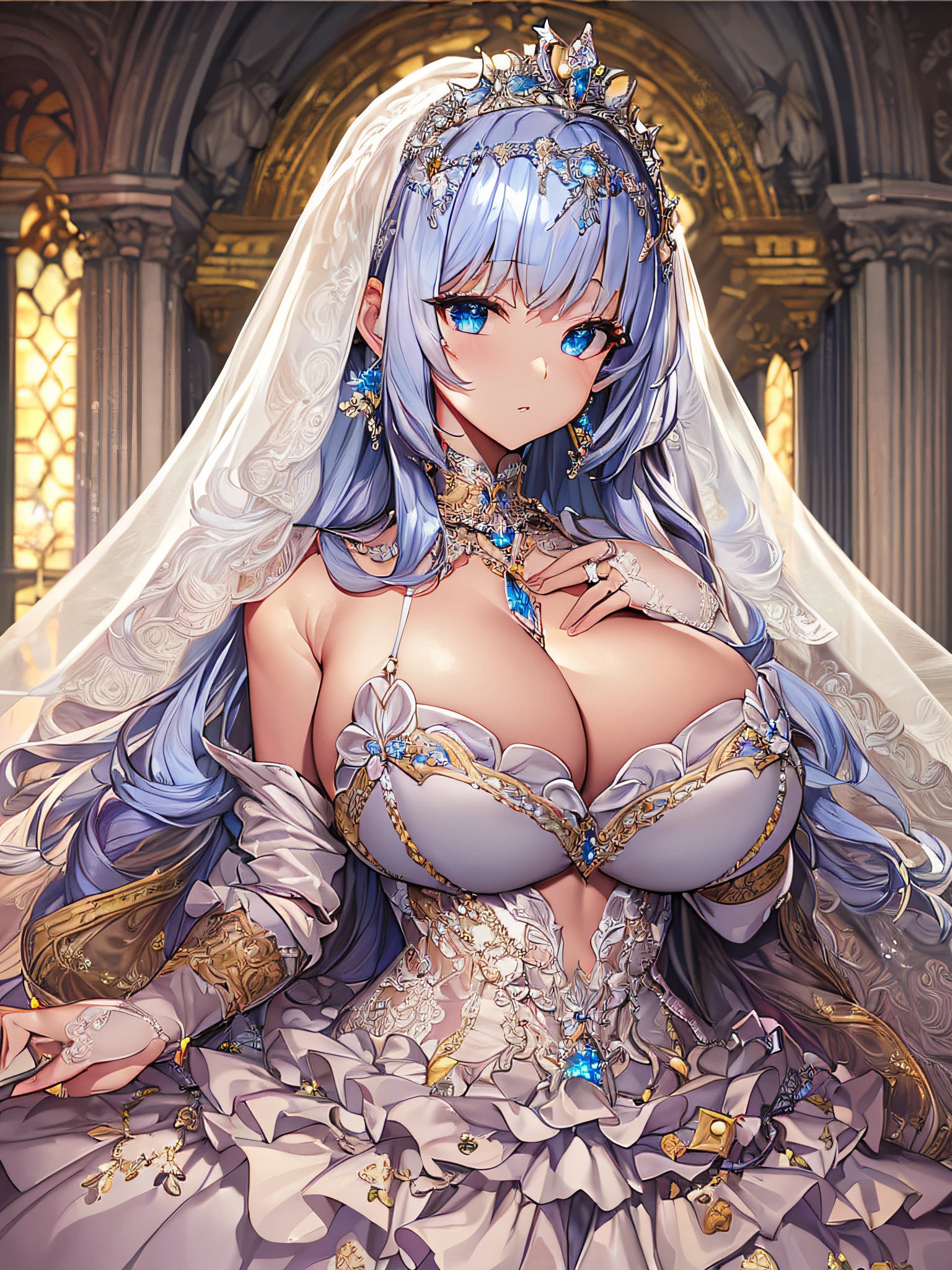 ((anime artstyle)),(Masterpiece),(Best Quality), (Super Detail),((Very Delicate and Beautiful)),Focus on character,Dynamic Angle,Looking at viewer,((Solo)),standing,((full body)),((one princess in gorgeous ball gown wedding dress with voluminous skirt)),((June bride)),detailed face and eyes,jewel-like eyes,((Very Long voluminous Hair)),gorgeous embroidery and lace,((gorgeous corsage)),See-through,(Gorgeous jewelry ornaments),luxury hair ornament,luxury tiara with jewels,ornate ruffles,((gigantic breasts,Long breasts)),indoor,church wedding,((full body)),hoop skirt,crinoline,very long wedding veil,(((fusion of jeweled wedding dress and gorgeous embroidery rococo ballgown)))