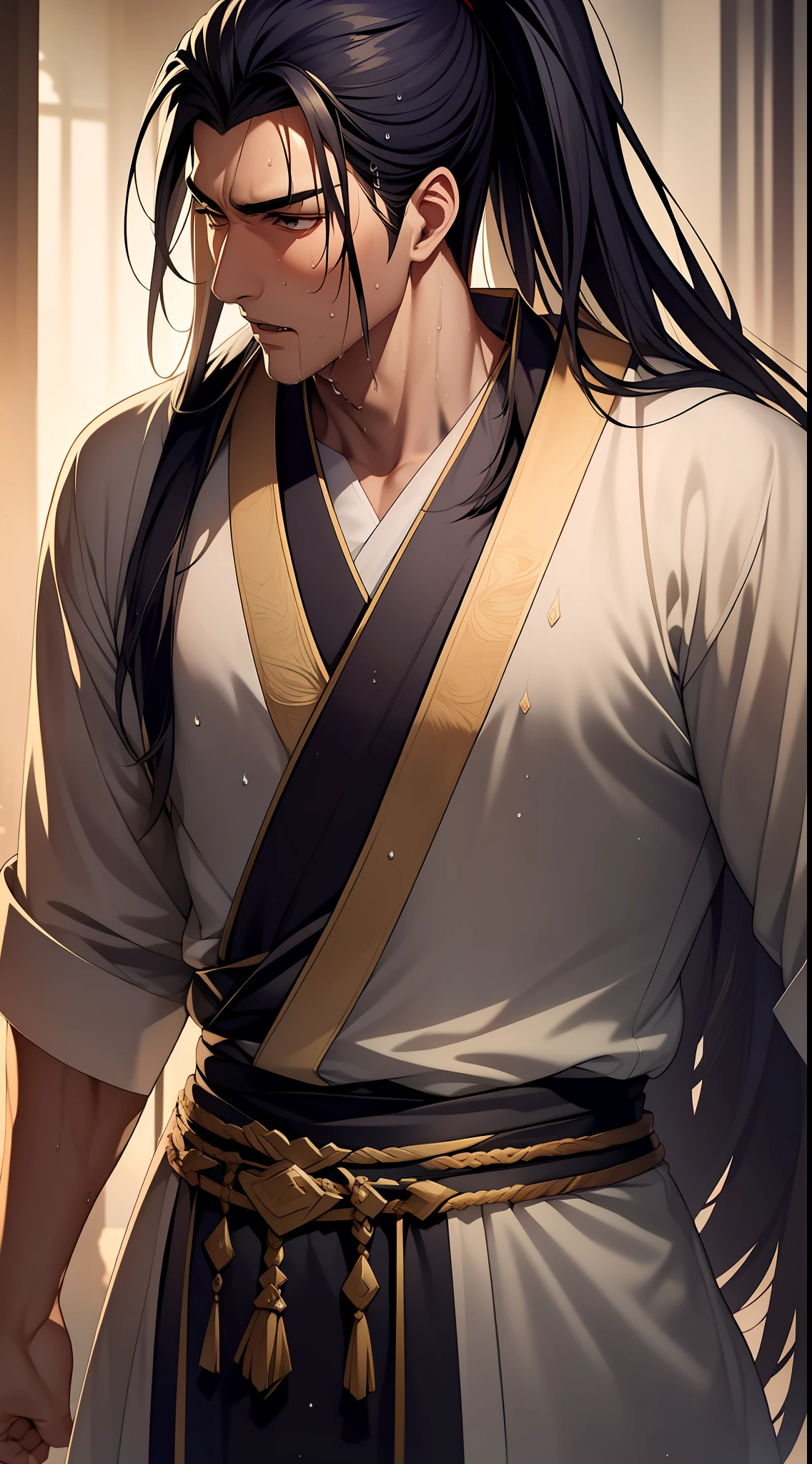 Two-dimensional, anime style, man (male warrior), muscle, correct proportions, face details, martial arts, high ponytail hairstyle, sweating, sweaty face, drooling, neck details, with Adam's apple, wet, wet, Hanfu costume, long robe, embroidered robe, dragon robe, clothing details, collar, long sleeves, game quality, swordsman demeanor, light and shadow tracing, ray tracing, detail glow, CG rendering, hair details, long black hair, golden eyes, sweaty face, handsome, handsome, sweat beads slipping down the neck, (juvenile feeling), complex clothing, wet, wet, perfect composition, refinement, high quality, more details, a lot of details, complex background, atmosphere,