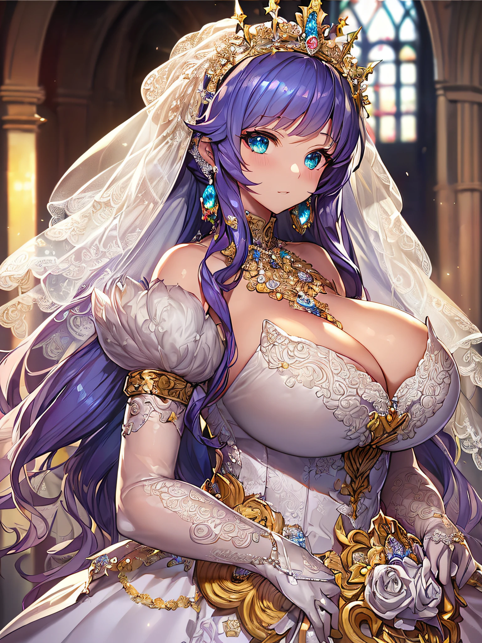 ((anime artstyle)),(Masterpiece),(Best Quality), (Super Detail),((Very Delicate and Beautiful)),Focus on character,Dynamic Angle,Looking at viewer,((Solo)),standing,((full body)),((one princess in gorgeous ball gown wedding dress with voluminous skirt)),((June bride)),detailed face and eyes,jewel-like eyes,((Very Long voluminous Hair)),gorgeous embroidery and lace,((gorgeous corsage)),See-through,(Gorgeous jewelry ornaments),luxury hair ornament,luxury tiara with jewels,ornate ruffles,((gigantic breasts,Long breasts)),indoor,church wedding,((full body)),hoop skirt,crinoline,very long wedding veil,(((fusion of jeweled wedding dress and gorgeous embroidery rococo ballgown)))