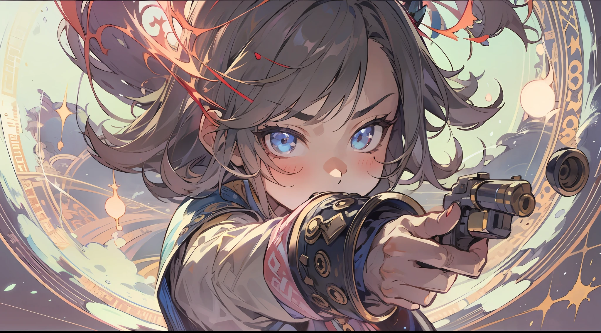 Woman with weapon coming out of body、kawaii、A magic circle appeared overhead and at your feet.、