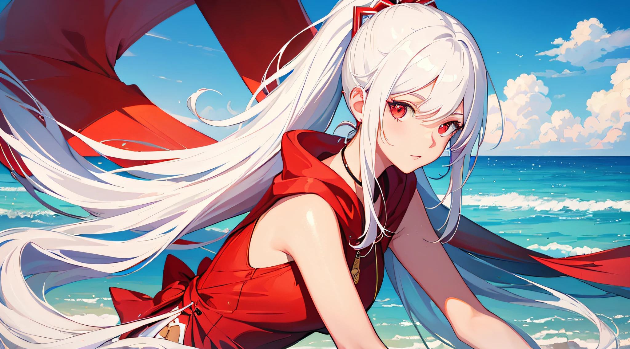 (((masterpiece))),(((best quality))),(((extremely detailed))),illustration, 1girl,solo,mysterious,vivid color,shiny,white hair,ponytail,red eye,beach,casual outfit