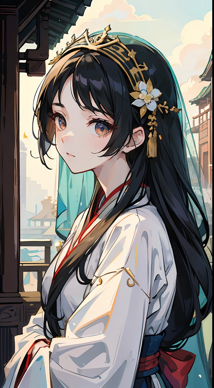 Hanfu,Long hair head,Veil,Upper body girl,Ancient architecture --auto