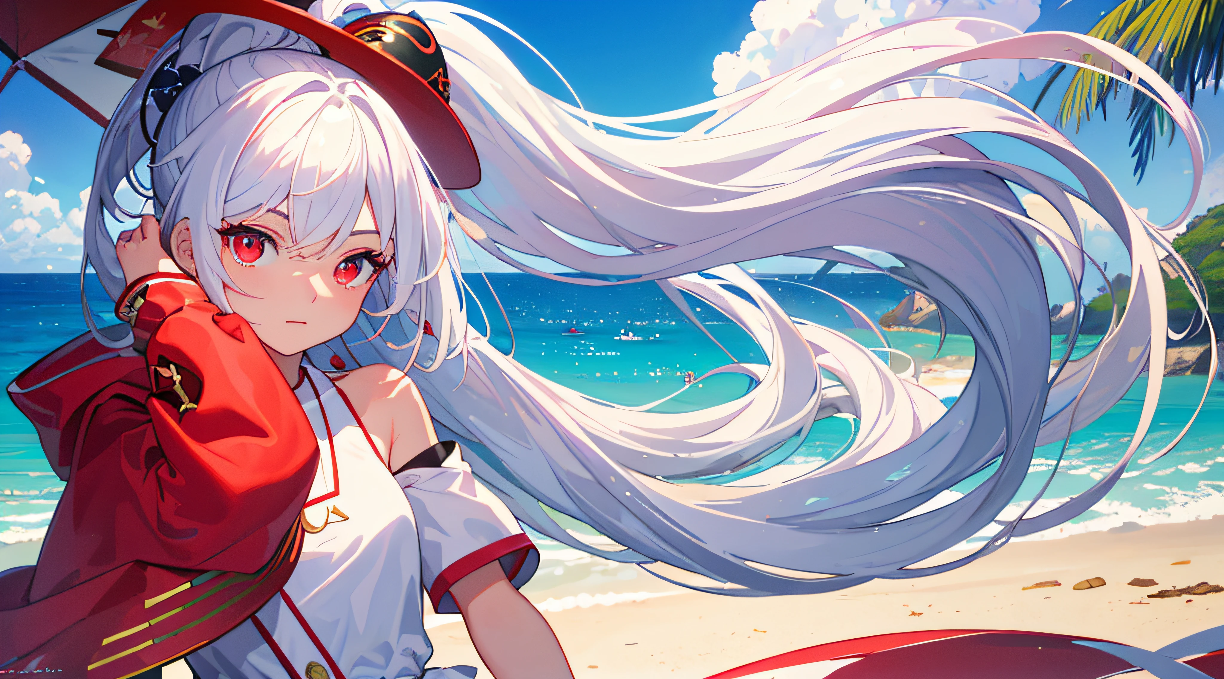 (((masterpiece))),(((best quality))),(((extremely detailed))),illustration, 1girl,solo,mysterious,vivid color,shiny,white hair,ponytail,red eye,beach,casual outfit