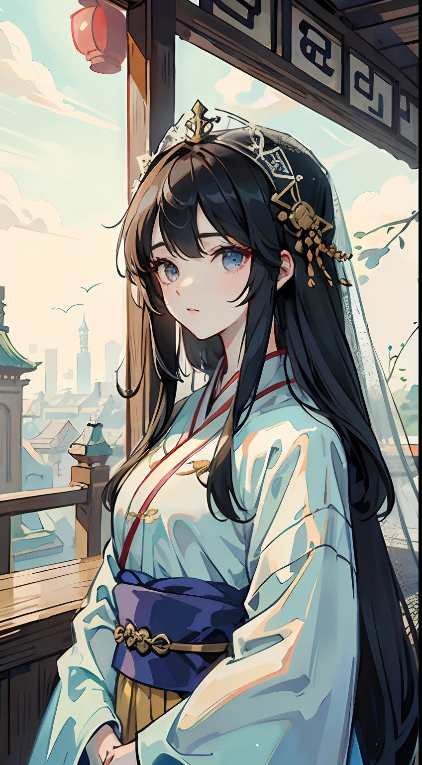 Hanfu,Long hair head,Veil,Upper body girl,Ancient architecture --auto