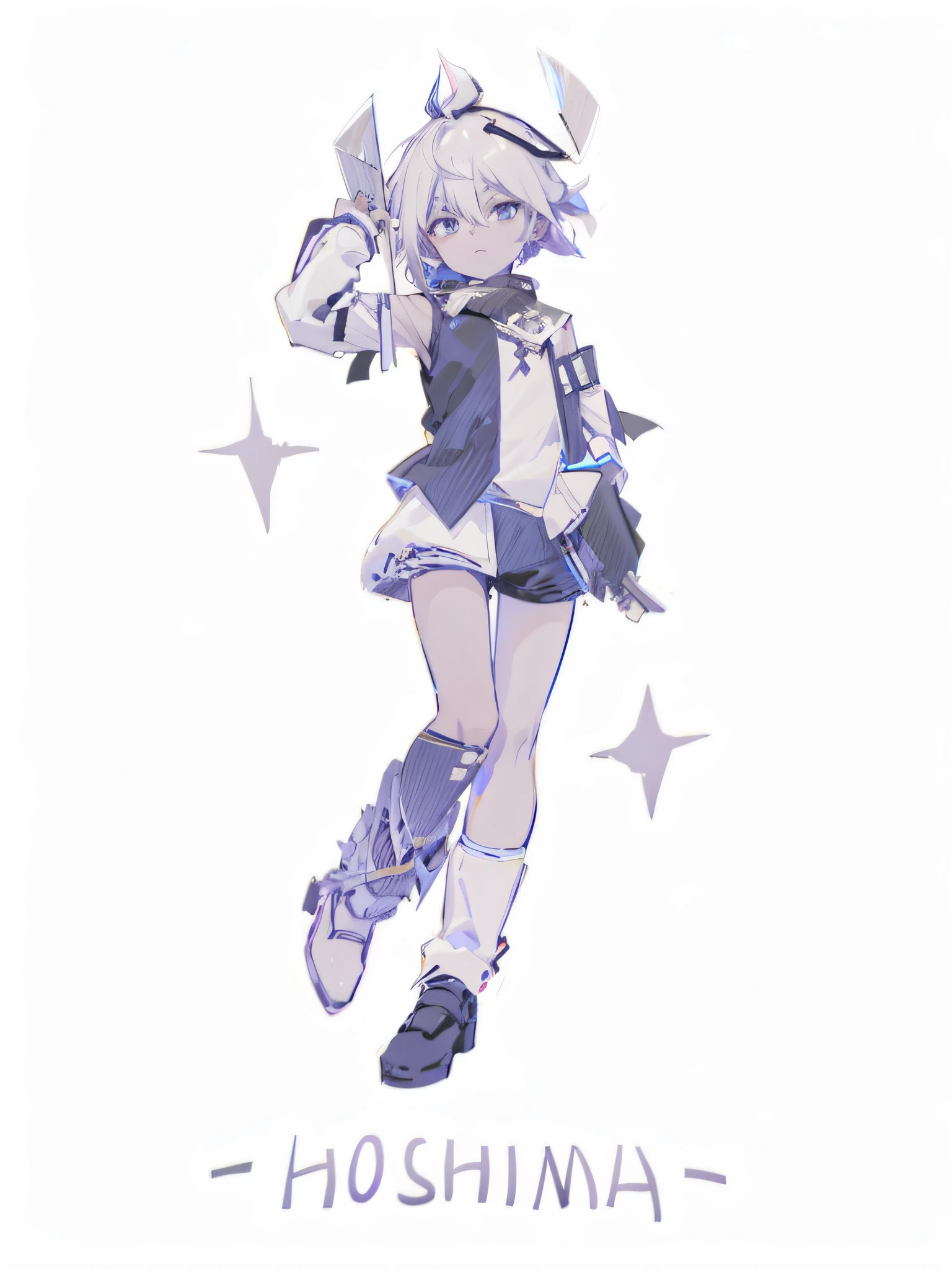 whaite hair,Black pickaxe staining,Three black crystals floated on his head,Black and white clothing,Shota --auto