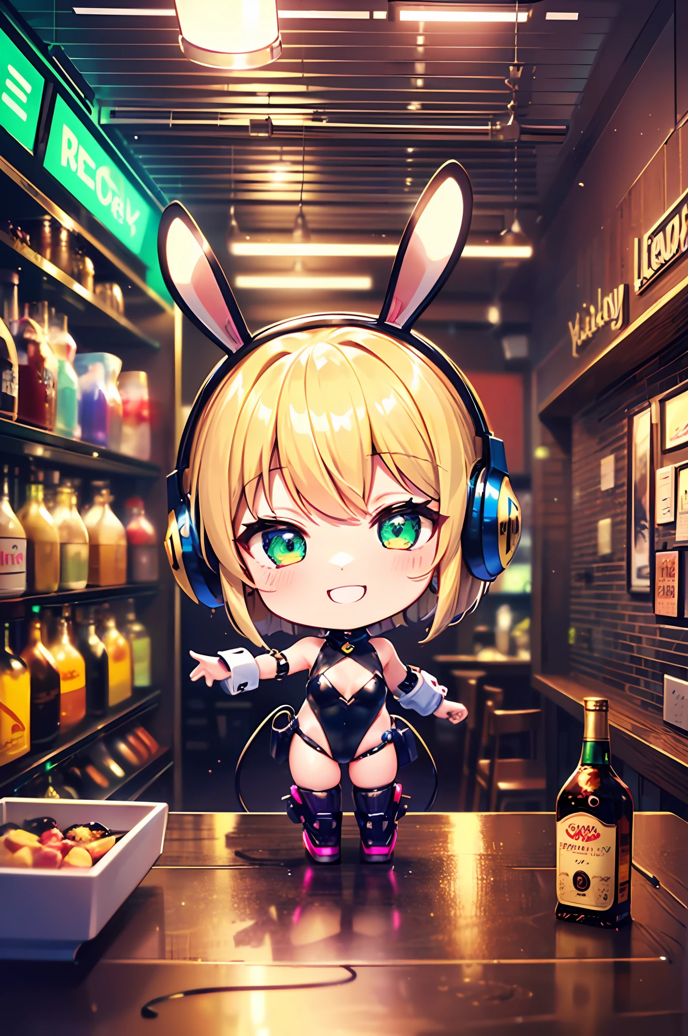 (Chibi:1.3), (half closed eyes, green eyes), (detailed eyes), full body, indoors, on the table, Happy smile, (mechanical bunny girl: 1.1), (golden leotard), rabbit ears, rabbit tail, headphone, (blonde hair, bob cut), (cyberpunk), (bar), counter, wine, whiskey, bourbon, neon signboard, (Nendoroid),