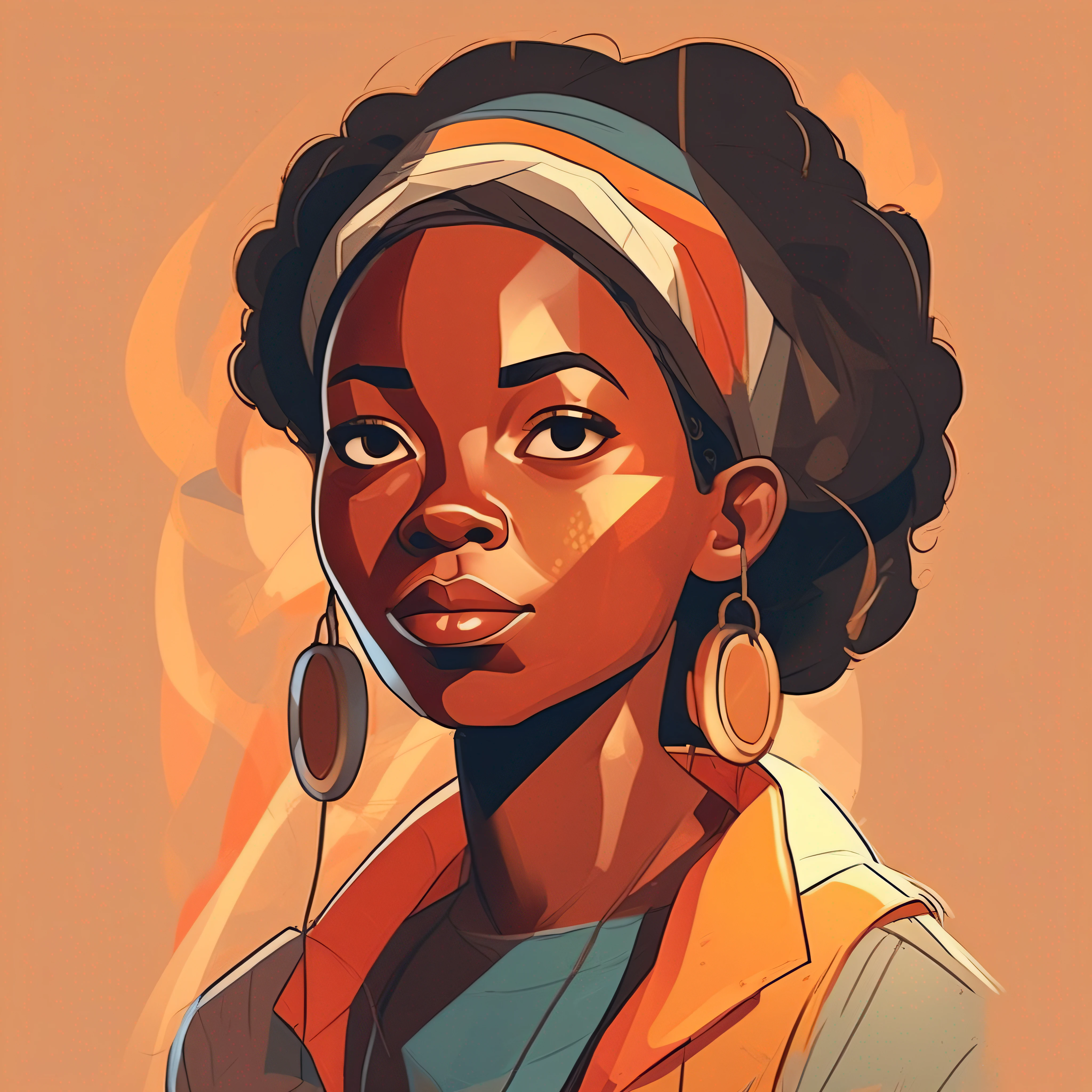 Black female diliverer, vectors style, Beautiful colors, pencil sketches, Vector illustration, Cel shaded, Flat, 2D, style of dan matutina, In the style of studio ghibli, bold lines, Bold the drawing lines, Amazing details, One character