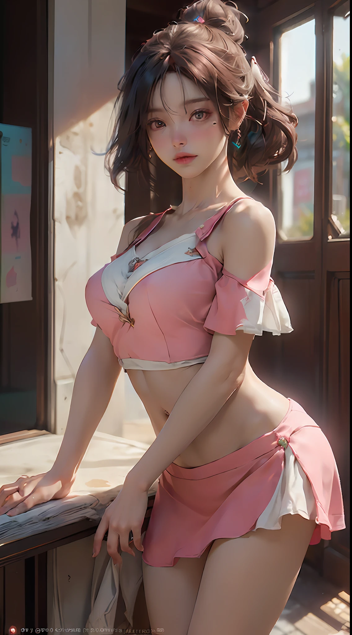 (Best Quality), ((Masterpiece), (Detail: 1.4), 3D, A Beautiful Cyberpunk Woman, HDR (High Dynamic Range), Ray Tracing, NVIDIA RTX, Super-Resolution, Unreal 5, Subsurface Scattering, PBR Textures, Post-Processing, Anisotropic Filtering, Depth of Field, Maximum Sharpness and Clarity, Multi-layer Textures, Albedo and Highlight Maps, Surface Shading, Precise simulation of light-material interactions, perfect proportions, Octane Render, two-color light, large aperture, low ISO, white balance, rule of thirds, 8K RAW, nudity, off-the-shoulder, camisole vest, miniskirt, sheer wear, pink cute, pink tender