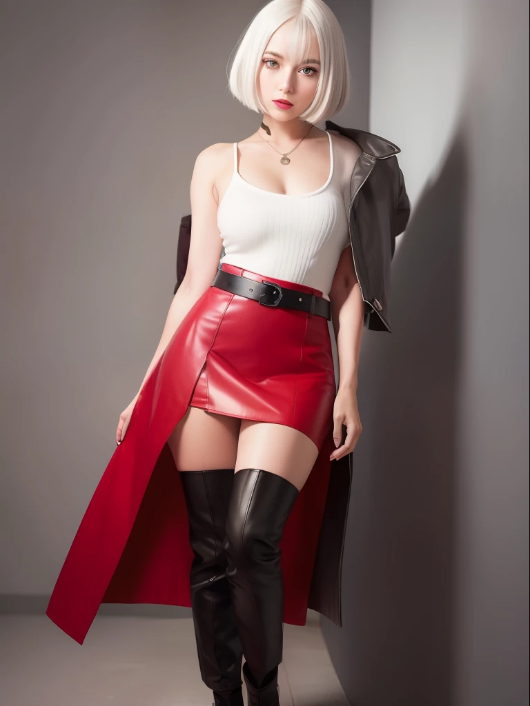 girl, white hair, bob cut, grey eyes, big eyes, smirking confidently, thin, cropped red top, red skirt, belt, black stockings, boots, old trench coat, space pirate