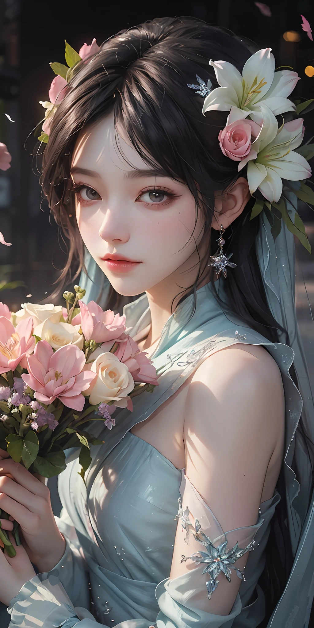 There was a girl in a pink dress holding a bouquet of flowers, Guviz, Guviz-style artwork, ethereal flowerpunk, render of april, guweiz masterpiece, Kawaii realistic portrait, With flowers, with bloom ethereal effects, belle delphine, fairy core, fantasy aesthetic, with frozen flowers around her