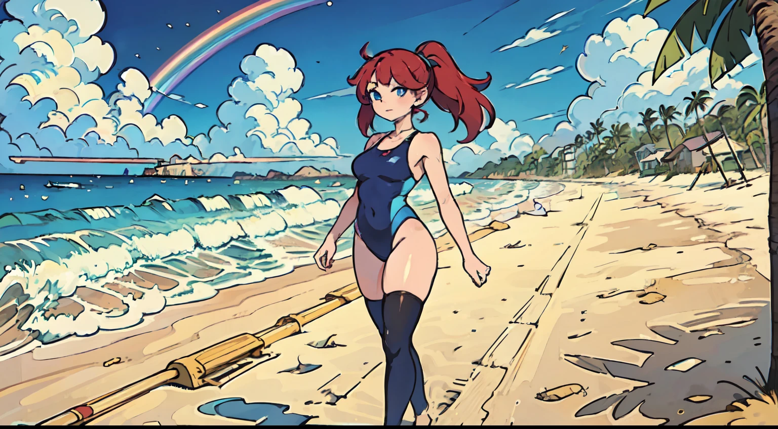 (masterpiece), best quality, expressive eyes, perfect face, One-piece swimsuit, Pull, Rainbow Ponytail hair, Vibrant, A Tall Woman, Beach, Thigh Highs