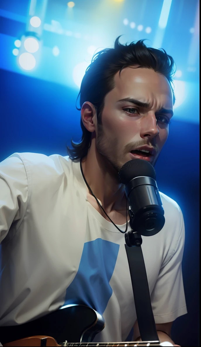 28 year old man, singing with a microphone and a guitar --auto