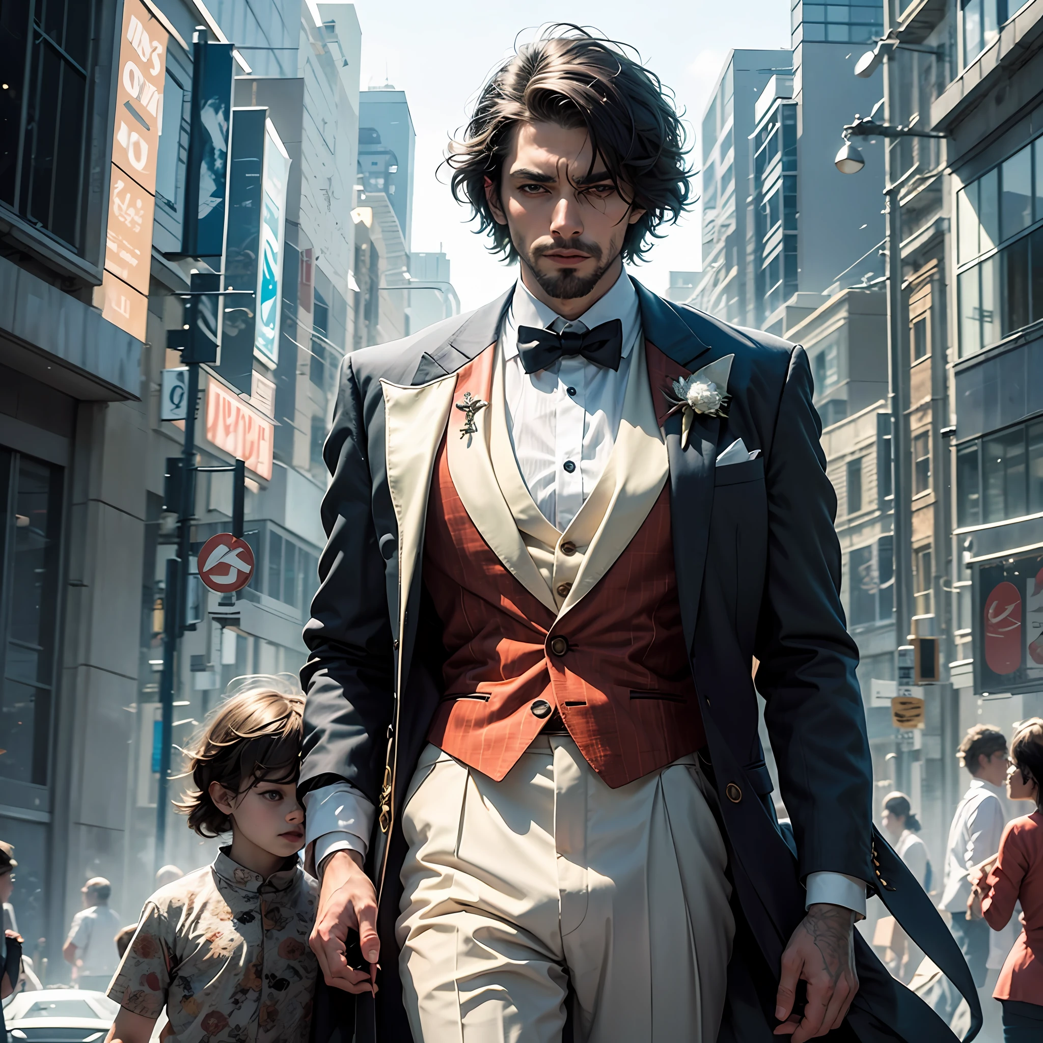 A man dressed as a clown，Delicate clown outfit，guffaw，frenzied，Handsome suit，tall house， --auto