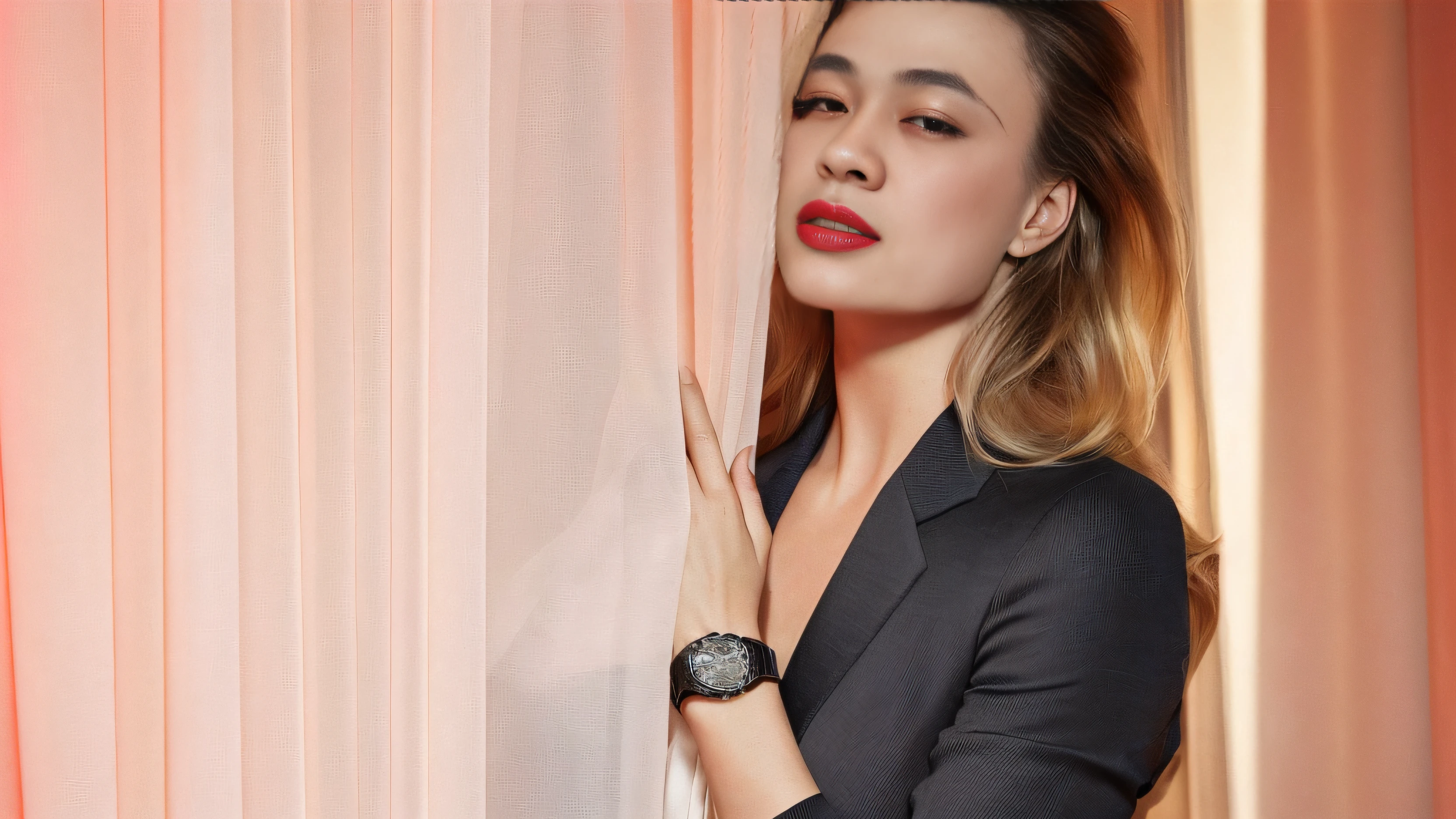 Blonde woman in black suit leaning against transparent curtains,Wear a watch on your wrist, Portrait of Margot Robbie, Margot Robbie, margot robbie portrait, Photo of Margot Robbie, Neon operator Margot Robbie, Margot Robbie face, Alexandra Valishevska, author:Emma Andievska, swarovski, author:Matthias Koroth, 《Grand Theft Auto V》Margot Robbie, Pretty Margot Robbie vampire