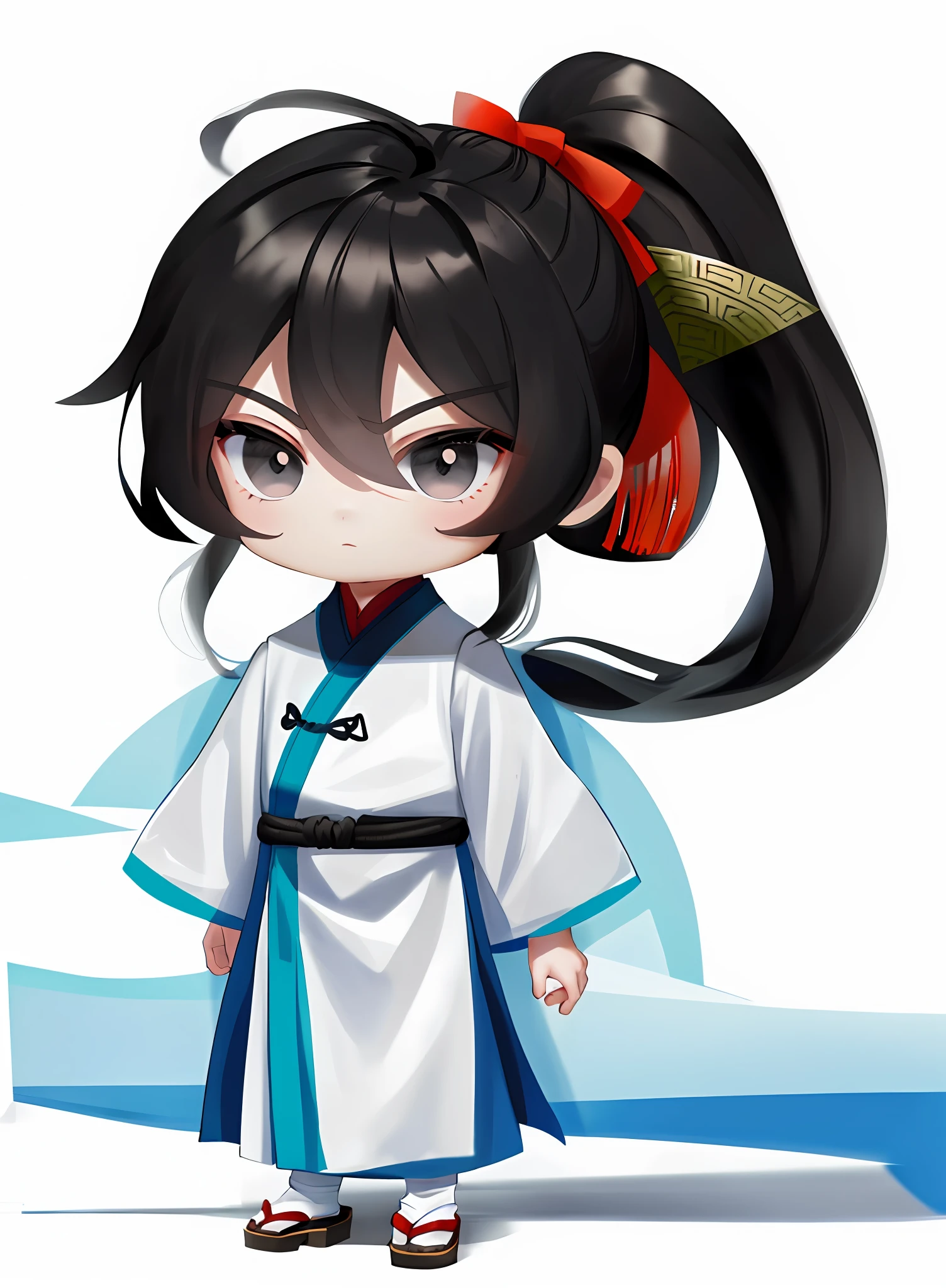 Masterpiece, Superb (1 boy: 1.6), (Chibi: 1.6), standing, sideways, (ancient Chinese clothes: 1.2), long black hair, ponytail, black eyes, (white background: 1.6), simple background