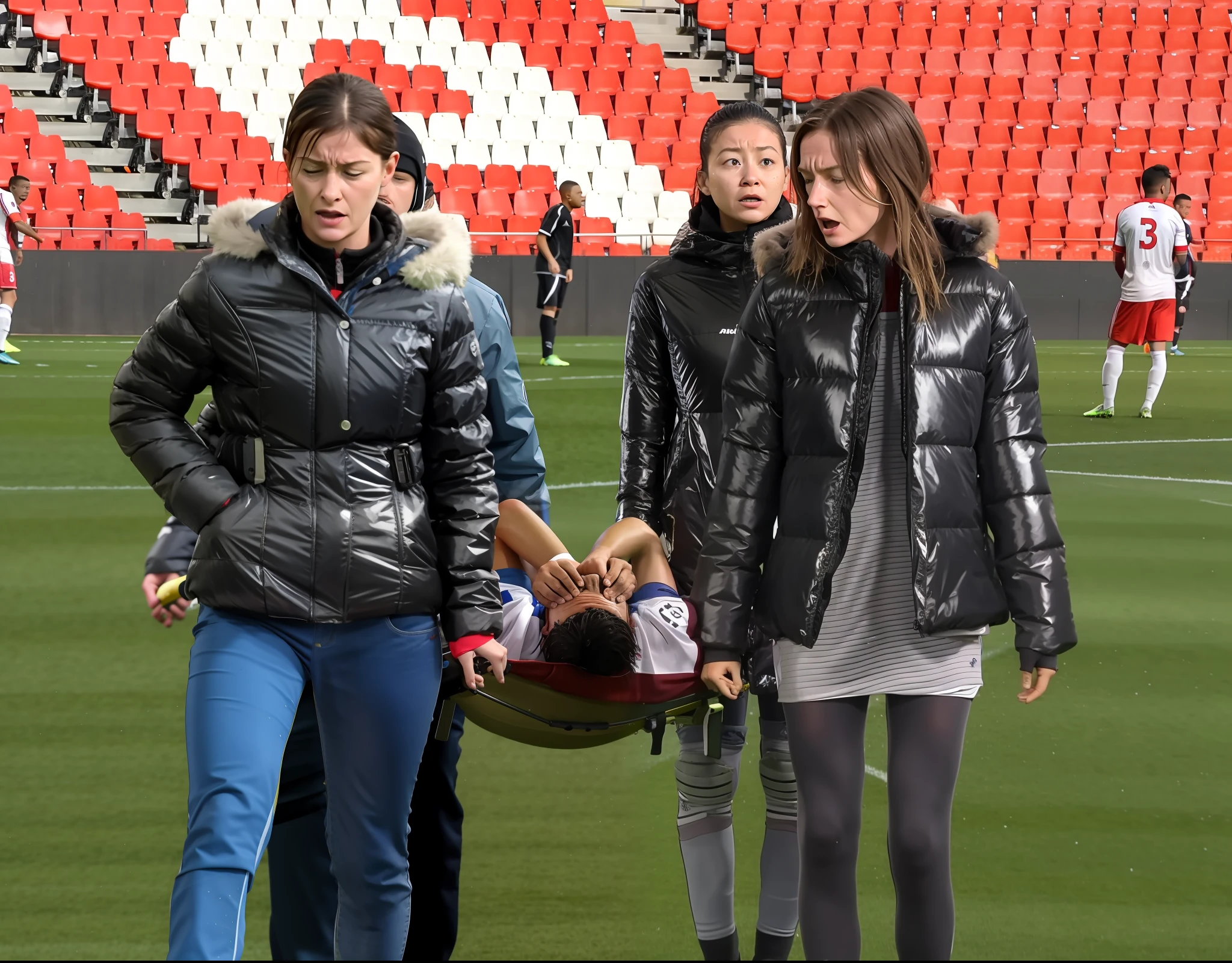 a soccer scene in a sports stadium, cool and wet weather conditions, humide ground, rainy sky, injury scene in a sports stadium, stretcher carry, there are four female medics carrying a stretcher, there are four female medics in very shiny coats who are carrying a stretcher in a sports stadium, there is a wounded male soccer player in a matte short cotton sports outfit lying on the stretcher, an injured male soccer player in matte cotton sportswear is lying in pain on a stretcher, a soccer player in matte cotton sports clothes is rearing up in intense pain while lying on a stretcher, dramatic scene, theatralic posing scene, dramatic pity scene, injury soccer, first aid, help, pity, there are four female medics in wetlook high-shine coats who are looking very sad and very terrified and very shocked, the injured soccer player is screaming out in pain while he is carried from the pitch on a stretcher