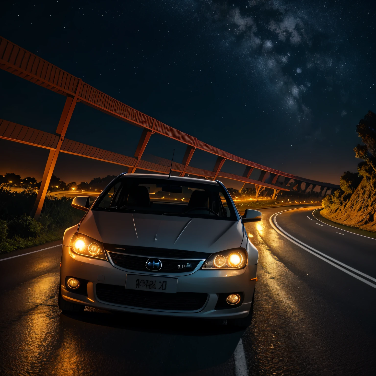 crumpled car from gourd down on road, rodovia,  lua ao fundo, noite, hiperrealista, 8k, 4k --auto