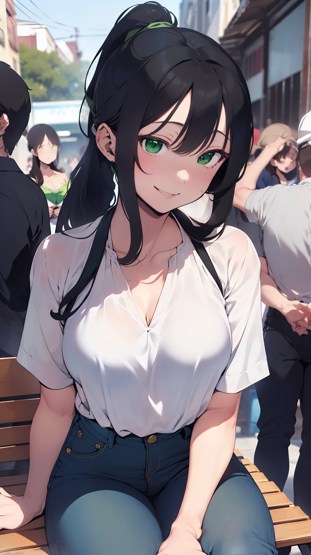 (((one woman,long hair,ponytail,bangs,slender face,sharp eyes,green eyes,detailed eyes,small breast,white blouse,navy jeans,smile))),sitting on thebench,masterpiece,extremely high quality,extremely fine and beautiful,hyper detail,dynamic resolution,sharp focus,anime style,crowd,watching the viewer,eating ice candy