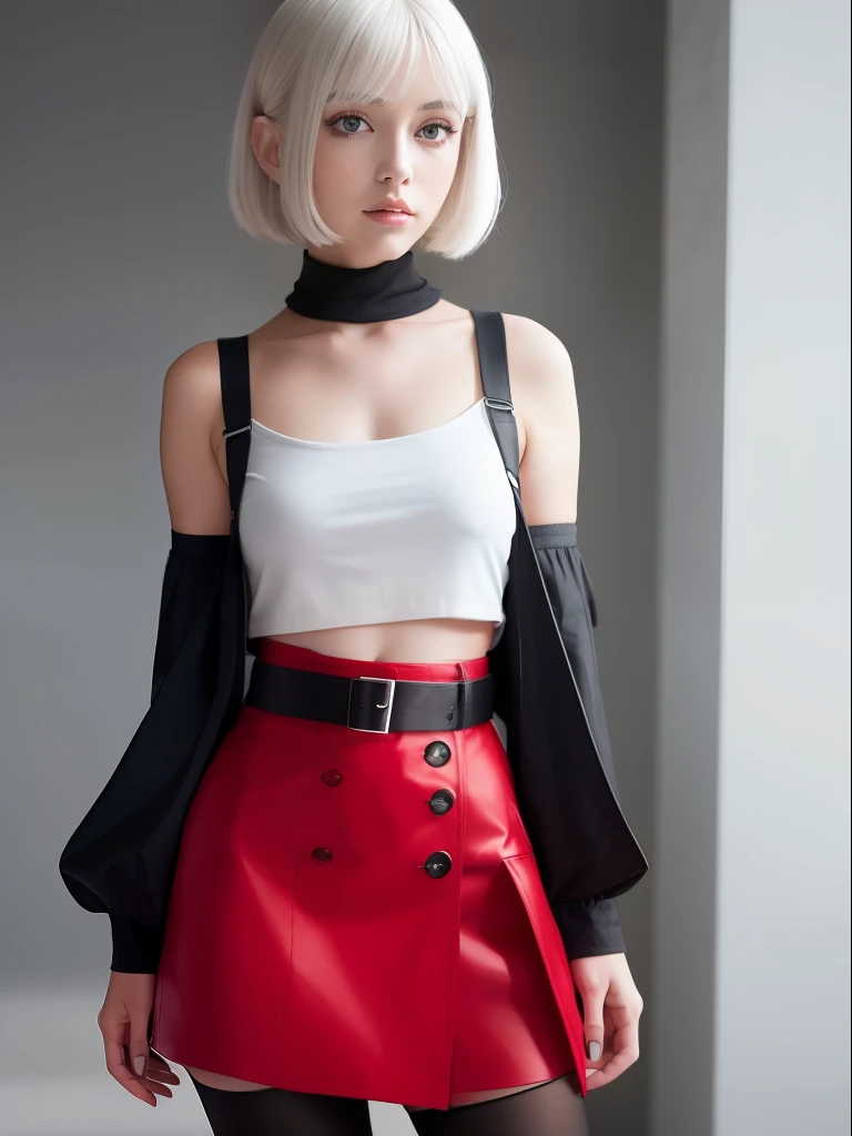 girl, white hair, bob cut, grey eyes, big eyes, smirking confidently, thin, cropped red top, red skirt, belt, black stockings, boots, old trench coat, space pirate