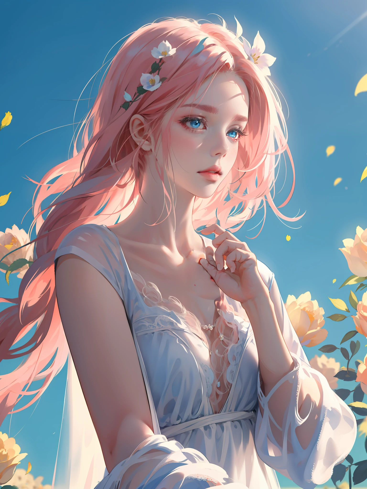 ((Masterpiece)), high quality, super detailed, pink hair + white clothing: 1.2, sweet and delicate girl, delicate facial features, perfect figure, surrounded by roses, bright bright colors, pearl white background, romantic long hair, natural light, warm and sweet, blue eyes, flower hair decoration.