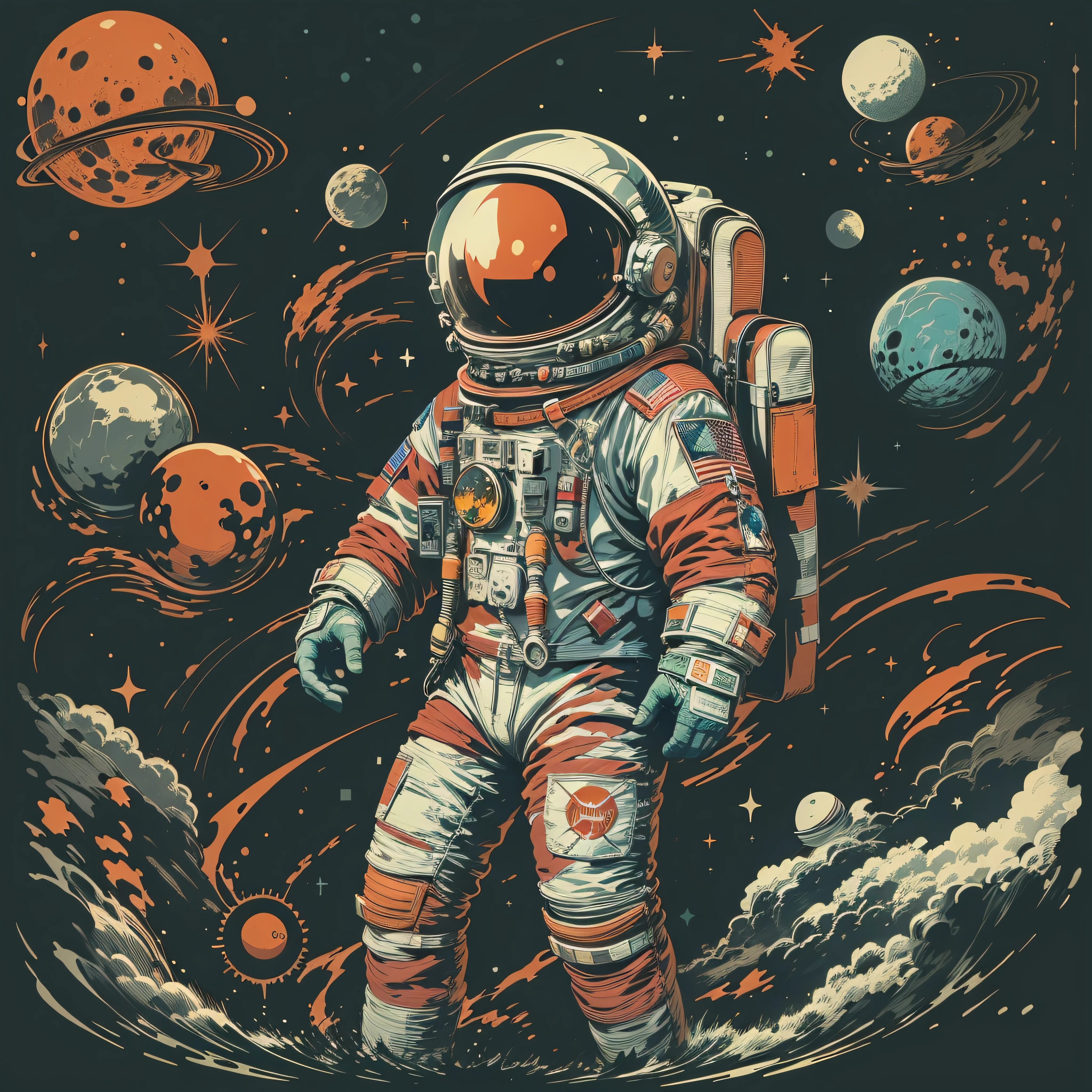very details astronaut ,lost in galaxy background, Tshirt design, streetwear design, pro vector, japanese style, full design, 6 colors only, solid colors, no shadows, full design, warm colors, sticker, bright colors