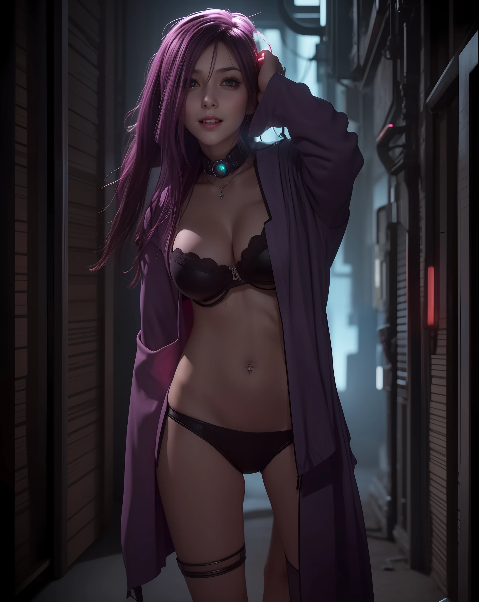 A girl cyberpunk, ultra UHD, ultra detailed, violet perple cinematic, highres, smiles