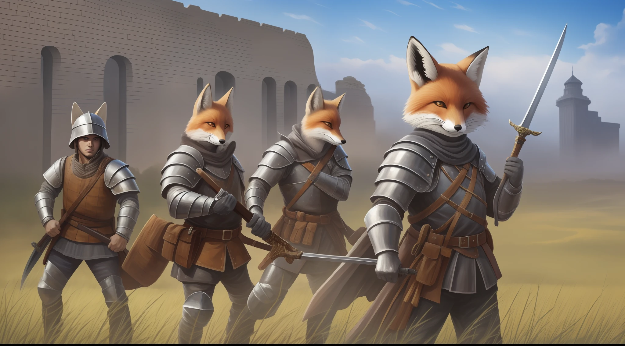 tmasterpiece,High Picture Quality,Realistic painting style,medieval times,Landscape theme,There are groups of characters,They wear fox ears and drag fox tails,Armed with a sword,dressed in armor,The army formed a siege in the field,Chinese wind city wall city tower。