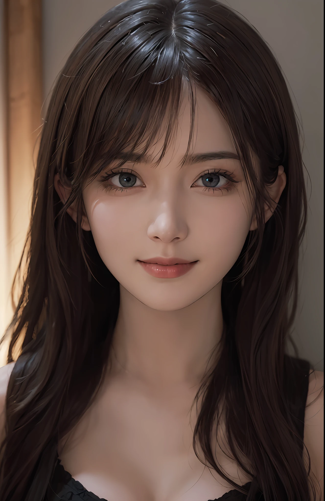 (Ultra Realistic), (Illustration), (Increased Resolution), (8K), (Extremely Detailed), (Best Illustration), (Beautiful and Detailed Eyes), (Best Quality), (Ultra Detailed), (Masterpiece ), ( wallpaper), (detailed face), solo, 1 girl, looking at viewer, fine details, detailed face, in the dark, deep shadows, low key, pureerosfaceace_v1, smiling, long hair, black shawl straight hair , 46 points oblique bangs