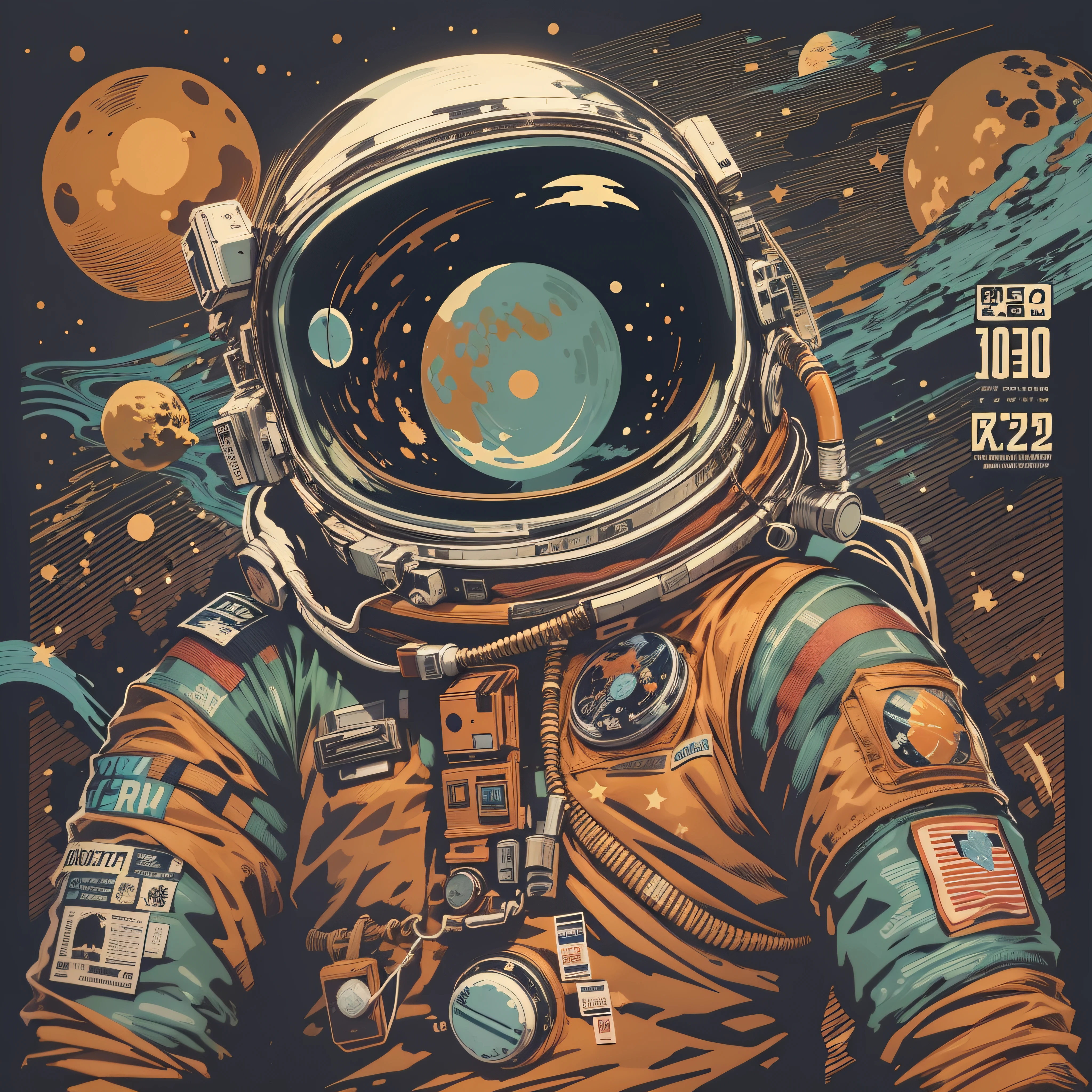 very details astronaut ,lost in galaxy background, Tshirt design, streetwear design, pro vector, japanese style, full design, 6 colors only, solid colors, no shadows, full design, warm colors, sticker, bright colors