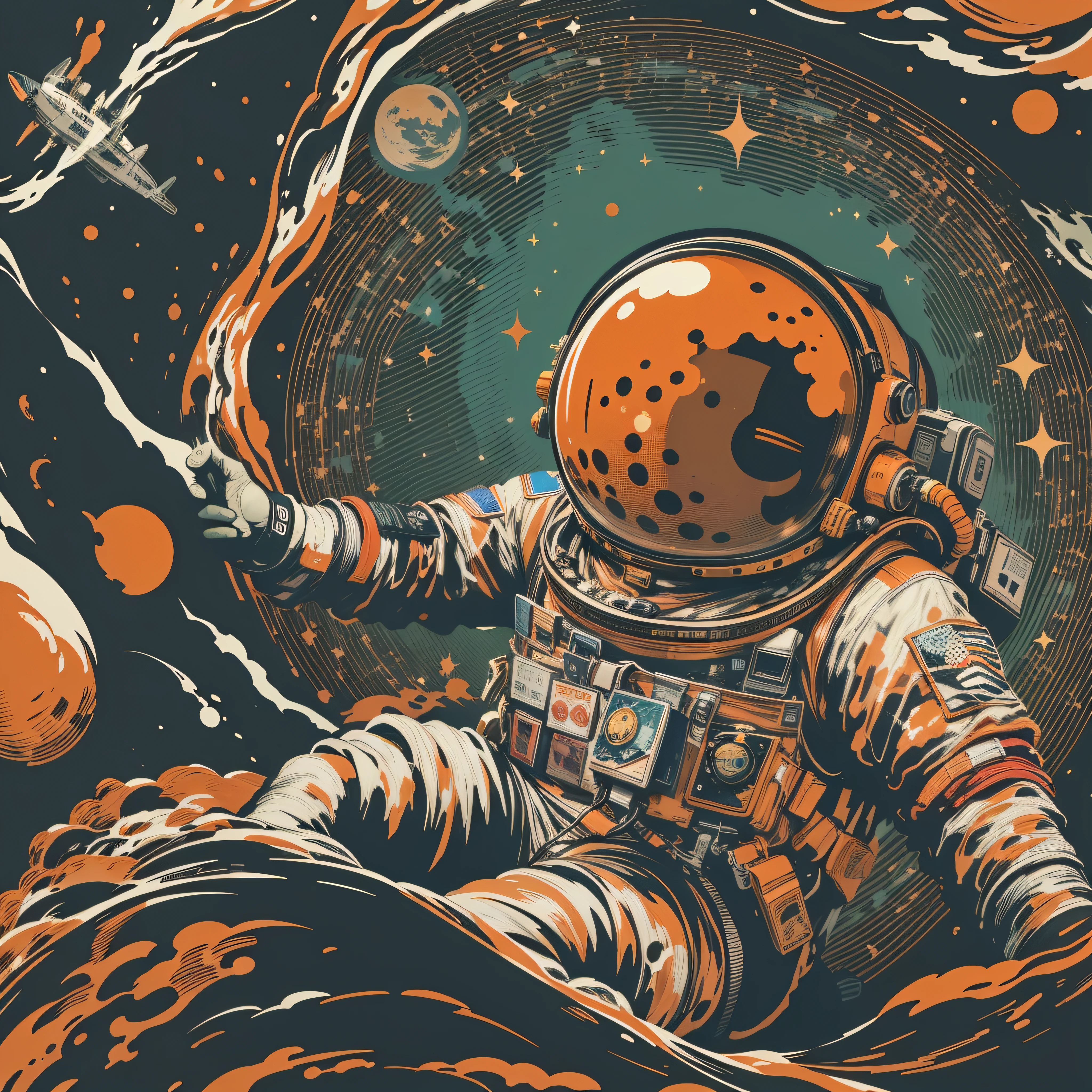 very details astronaut ,lost in galaxy background, Tshirt design, streetwear design, pro vector, japanese style, full design, 6 colors only, solid colors, no shadows, full design, warm colors, sticker, bright colors