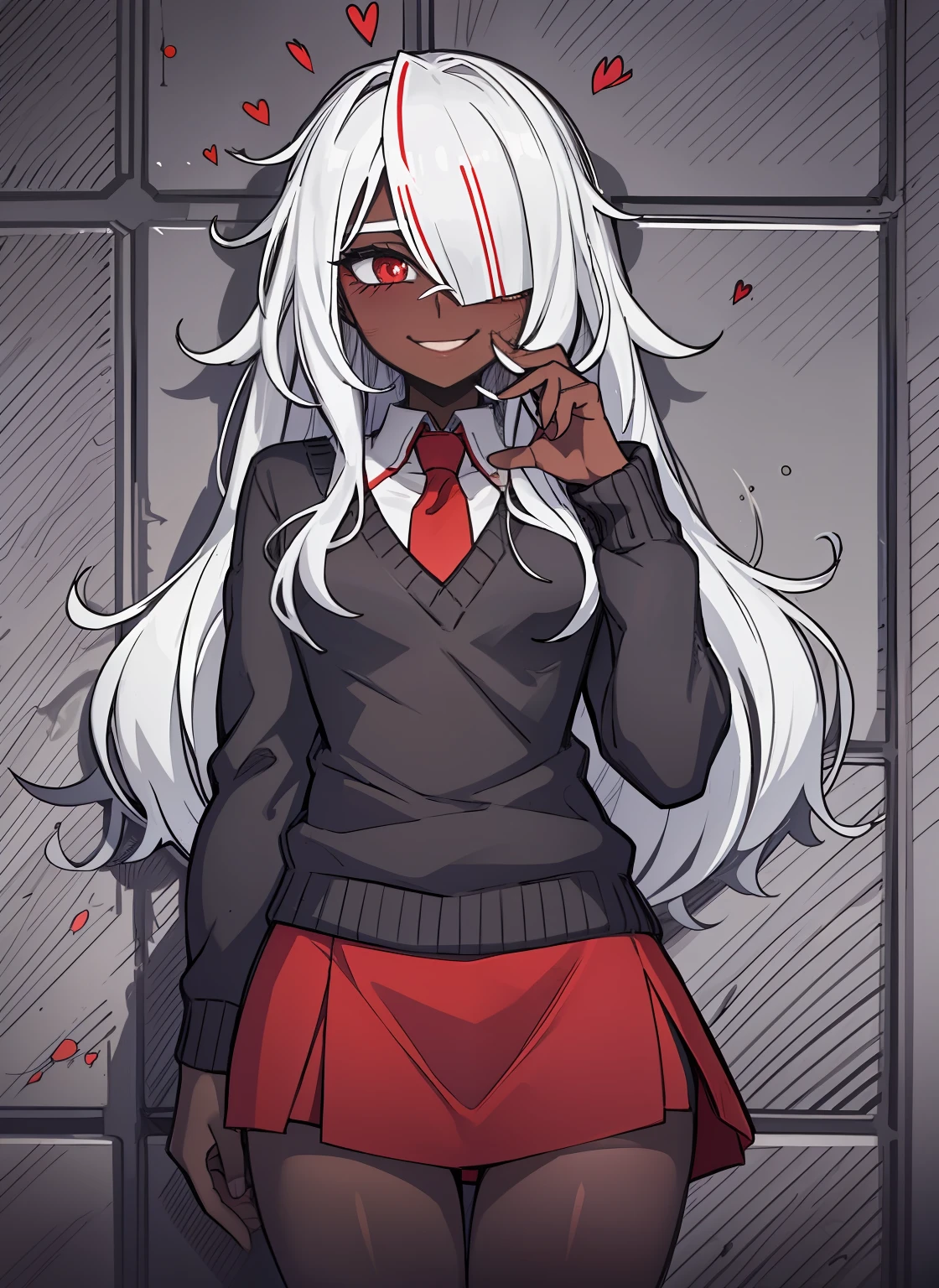 portrait, dark skin, white long hair, red pupils, love in eyes, blushing, cute, smug, smile, rolling eyes, gray sweater, red necktie, short skirt, long sleeves, blindfolded