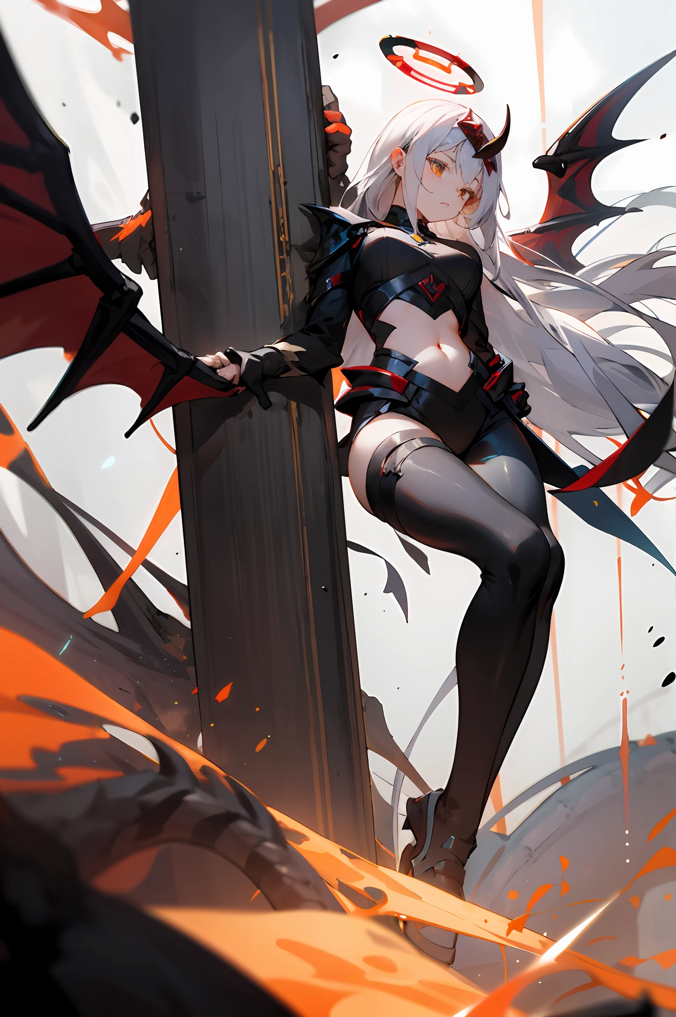 long  white hair，looks away，are standing，embarressed，Be red in the face，Keep one's mouth shut，Clamp your legs，Fleshy legs，A white halo on the head，There are black particle wings on the back，Wear black leggings，battle garment，exposing your navel，There are huge dragon horns on the head