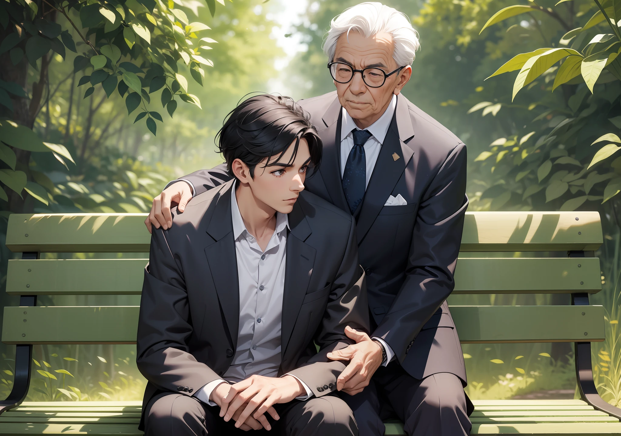 Absurd resolution, very high resolution, hyper detail, young Argentinian boy, black hair, business attire, on nature, finds an elderly gentleman sitting on a bench