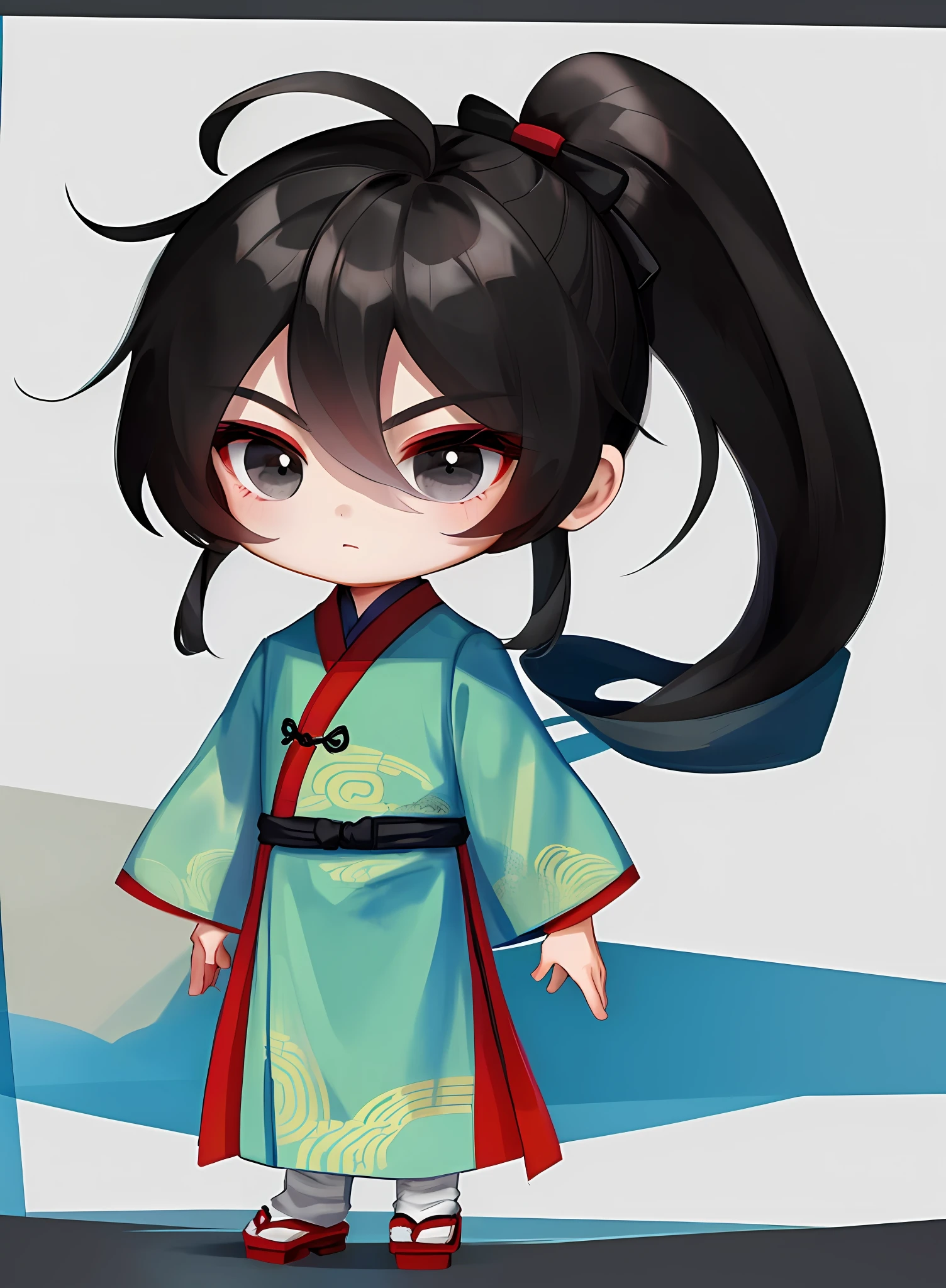 Masterpiece, Superb (1 boy:1.6), (Chibi: 1.4), standing, sideways, (ancient Chinese clothes: 1.2), long black hair, ponytail, black eyes, white background, simple background