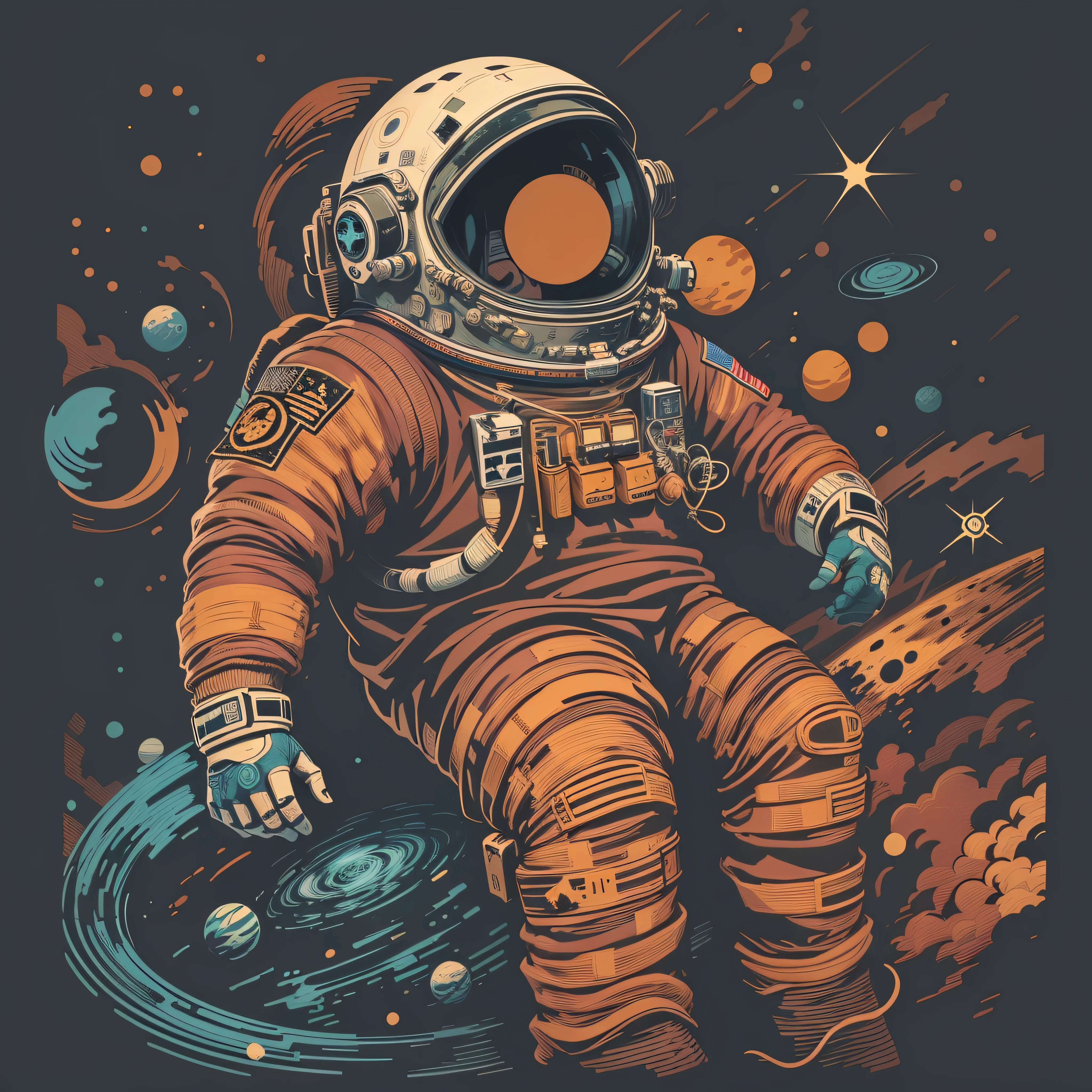 very details astronaut ,lost in galaxy background, Tshirt design, streetwear design, pro vector, japanese style, full design, 6 colors only, solid colors, no shadows, full design, warm colors, sticker, bright colors