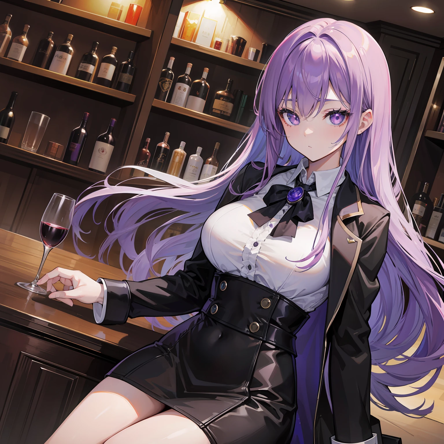 Best picture quality，highly  detailed，Body and facial contours 1.2）Bar counter，animemanga girl，Royal sister，cabelos preto e longos，Open black trench coat，Purple pupils，Wine glass in hand
