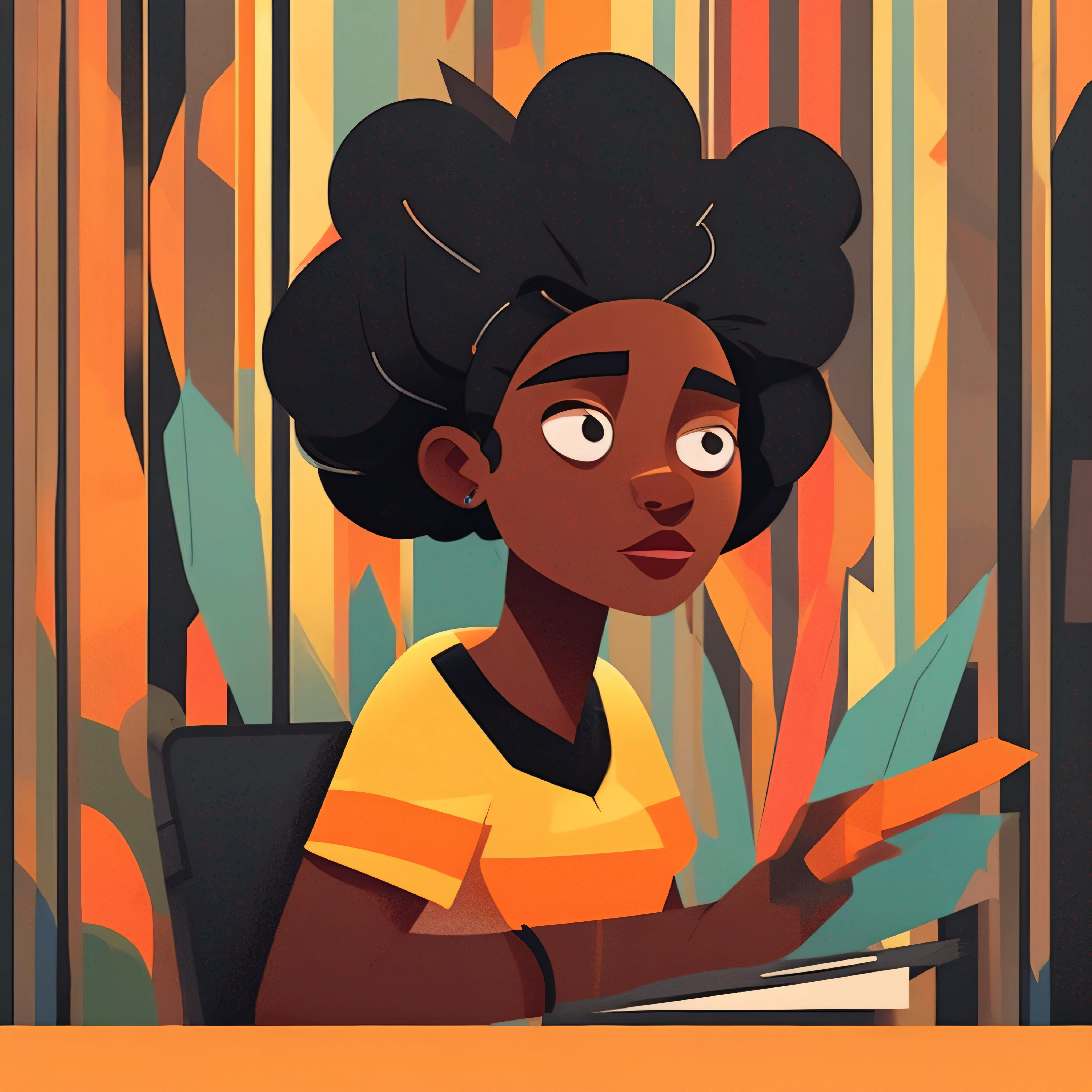 Black female diliverer, vectors style, Beautiful colors, pencil sketches, Vector illustration, Cel shaded, Flat, 2D, style of dan matutina, In the style of studio ghibli, bold lines, Bold the drawing lines, Amazing details, One character