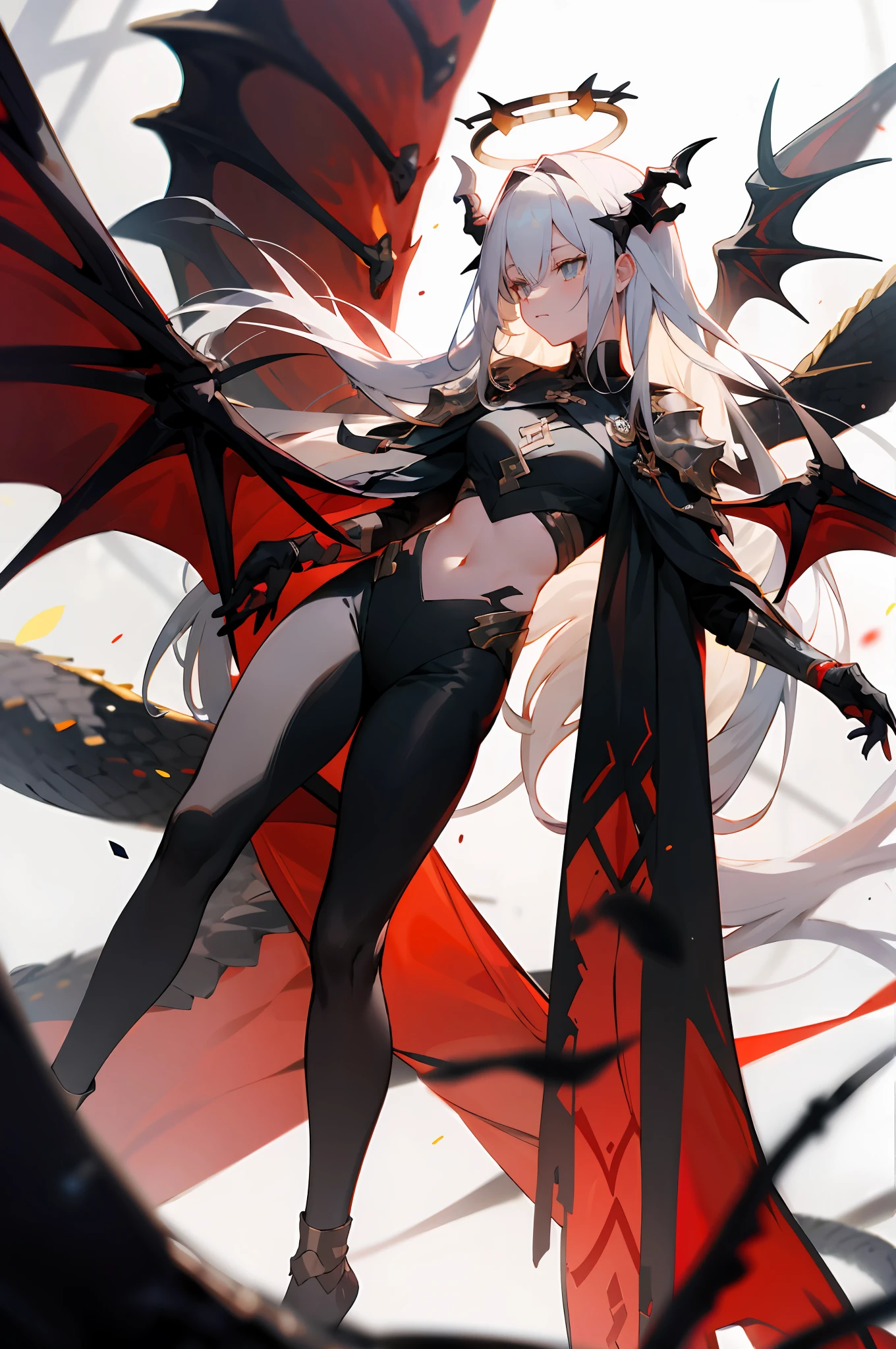long white hair,looks away,are standing,embarressed,Be red in the face,Keep one's mouth shut,Clamp your legs,Fleshy legs,A white halo on the head,There are black particle wings on the back,Wear black leggings,battle garment,exposing your navel,There are huge dragon horns on the head