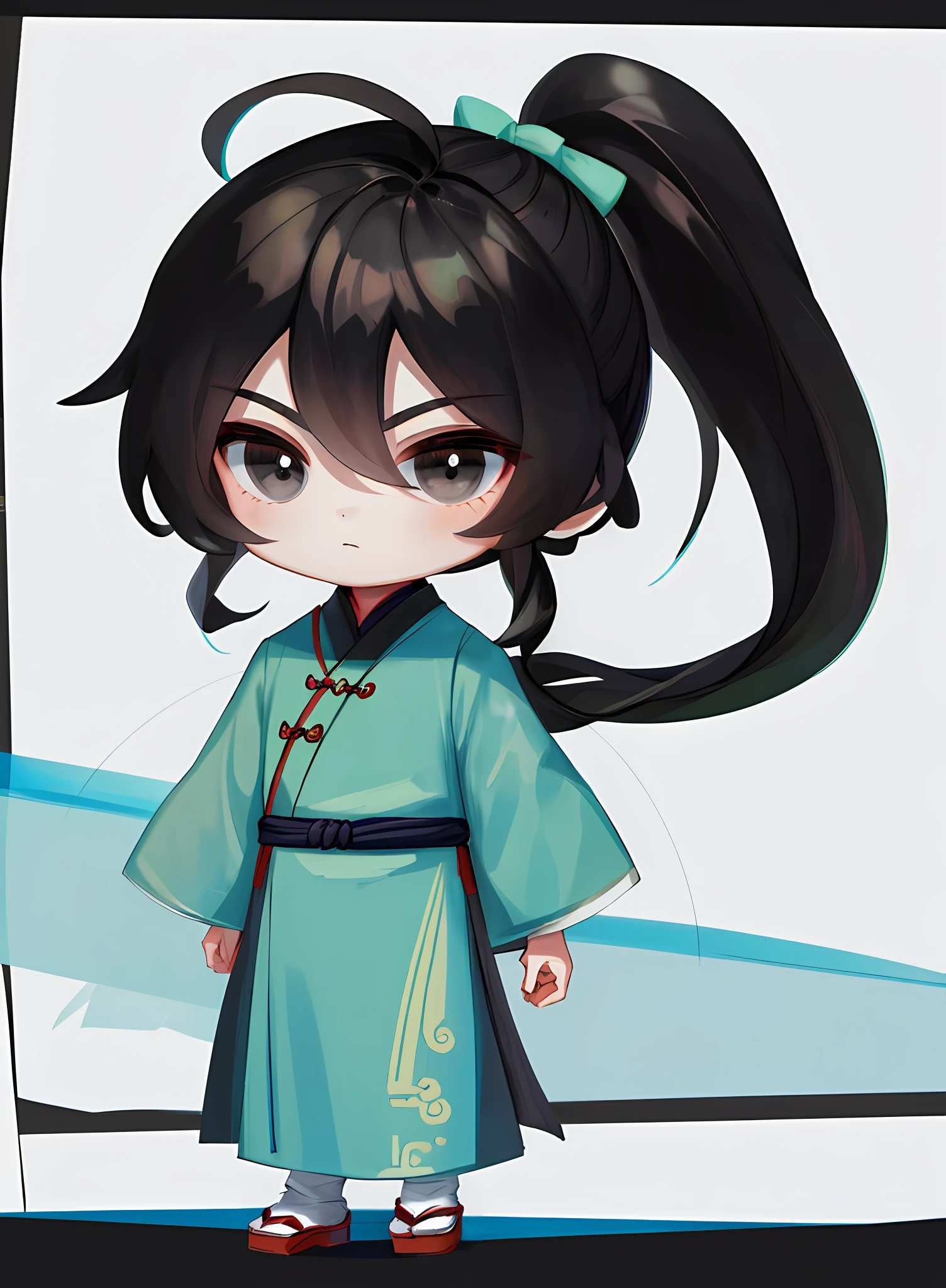 Masterpiece, Superb (1 boy:1.6), (Chibi: 1.4), standing, sideways, (ancient Chinese clothes: 1.2), long black hair, ponytail, black eyes, white background, simple background